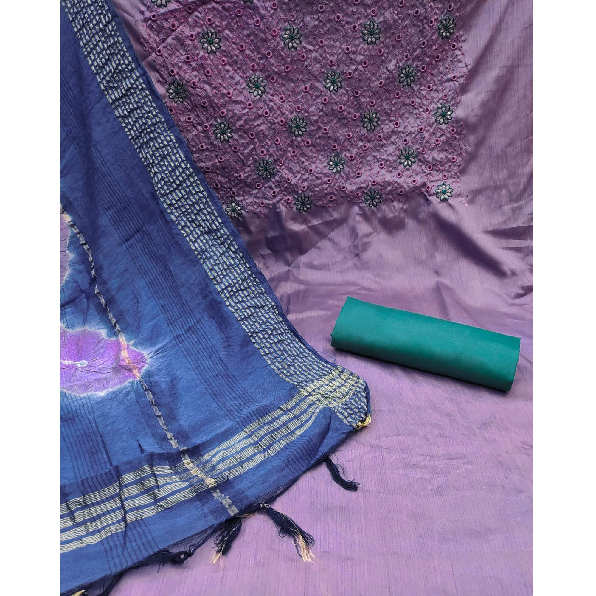 Lavender Embroidered Raw Silk Dress Material