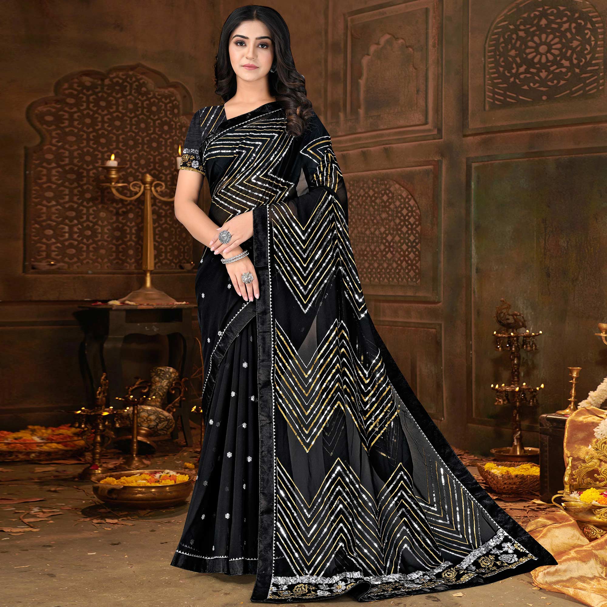 Black Sequins Embroidered Georgette Saree