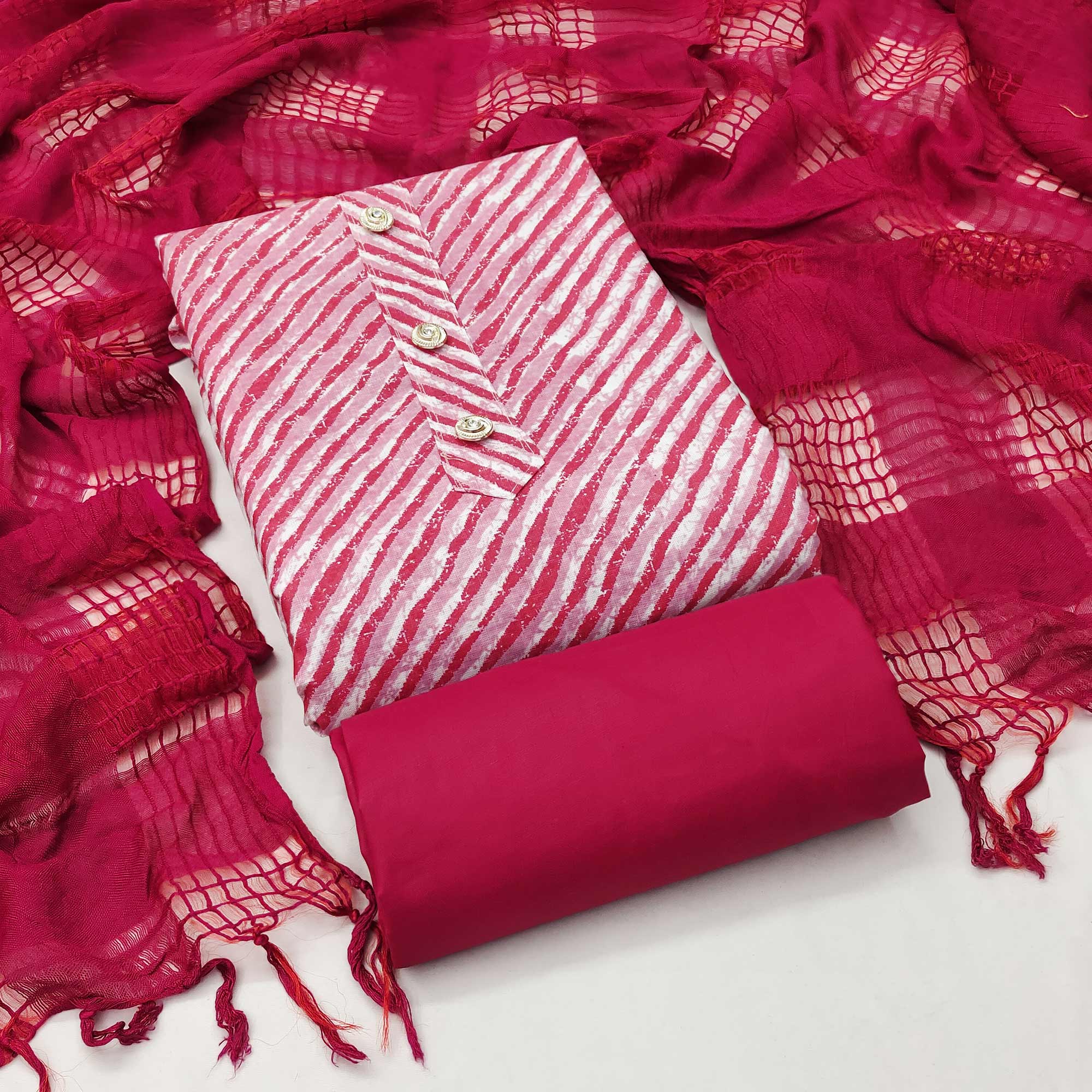 Pink Striped Printed Cotton Blend Dress Material