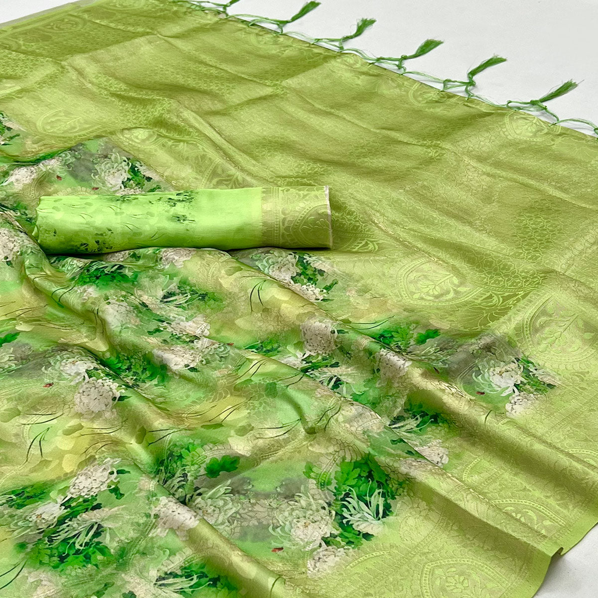 Green Floral Digital Printed Jacquard Saree