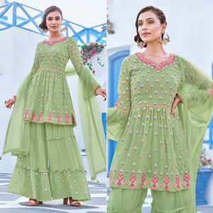 Pista Green Floral Embroidered Georgette Sharara Suit