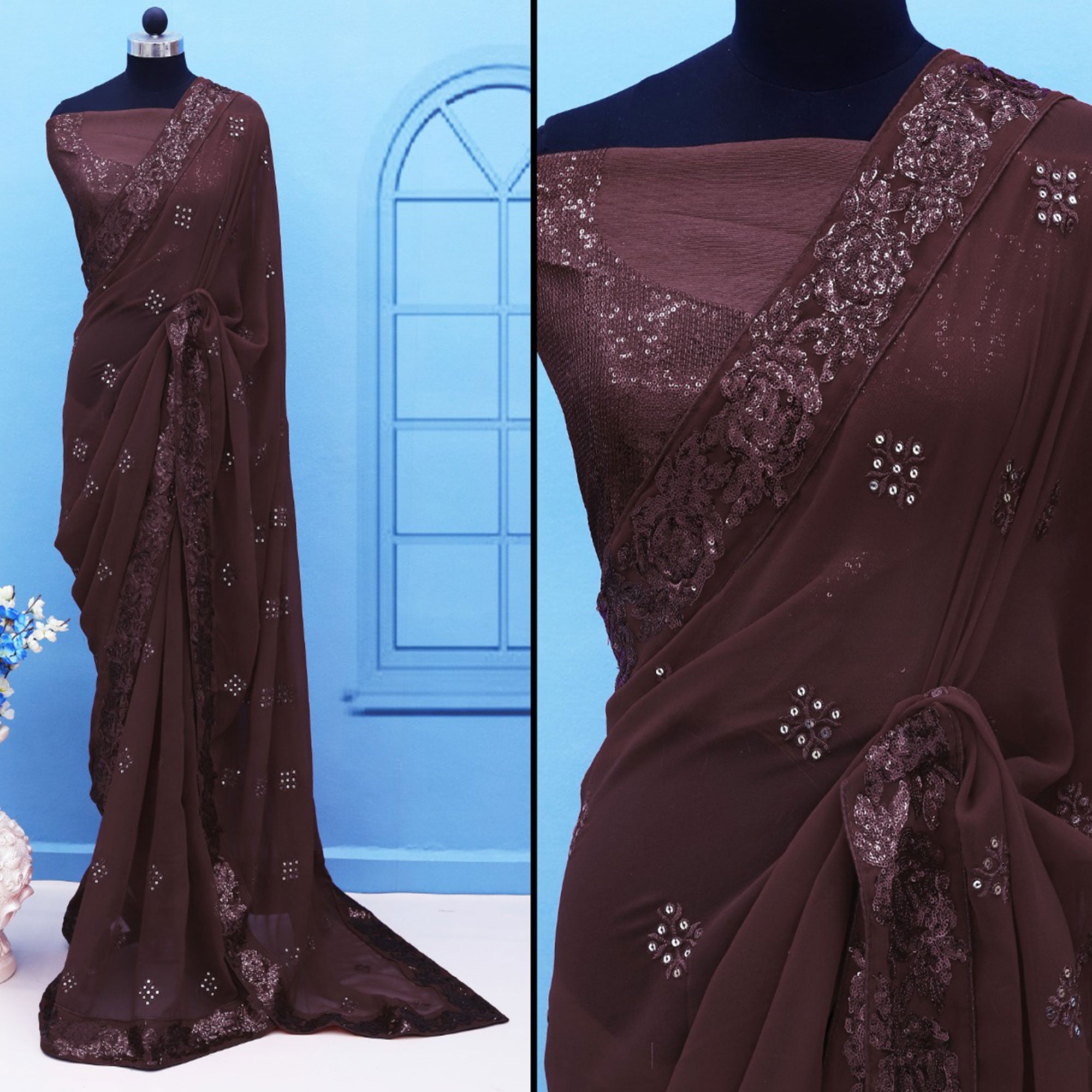 Brown Sequins Emroidered Georgette Saree