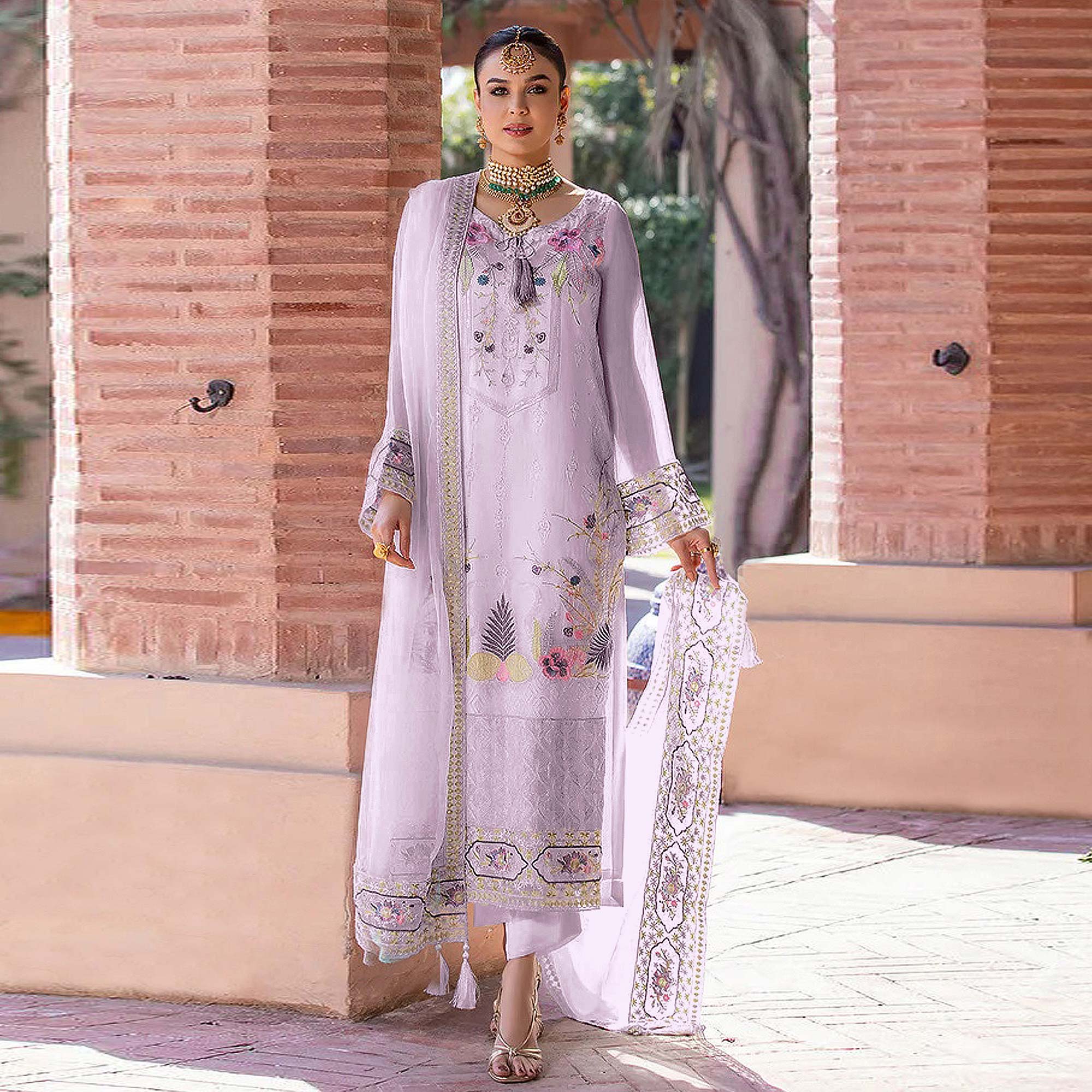 Lavender Embroidered Georgette Pakistani Suit