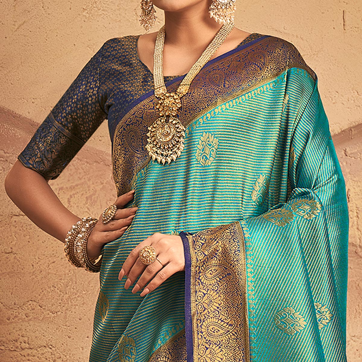 Blue Woven Art Silk Saree With Tassels