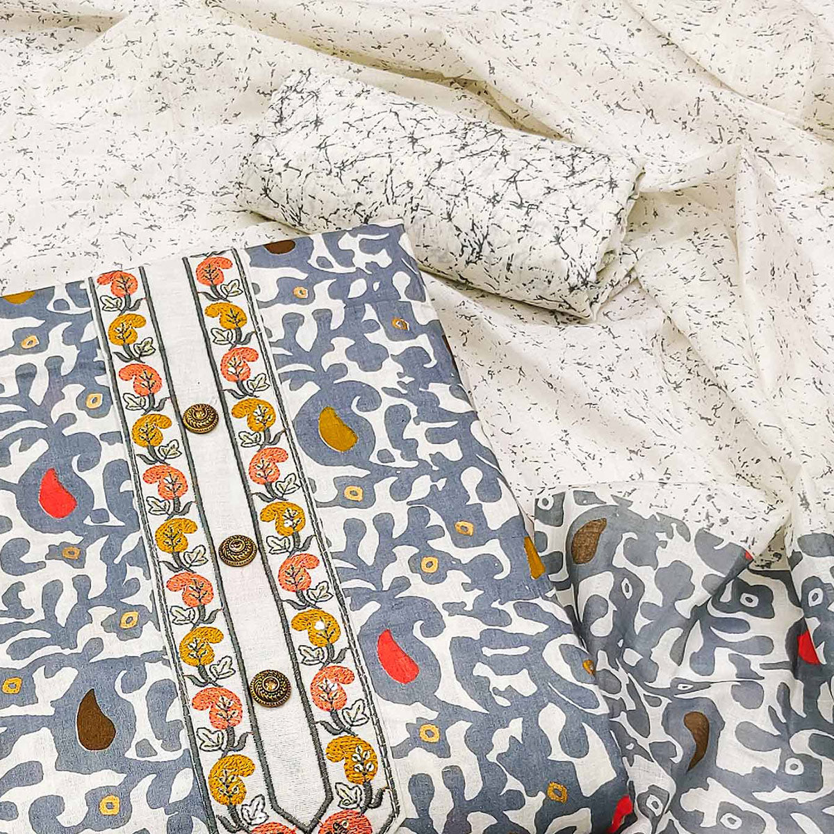 Grey Printed Cotton Dress Material