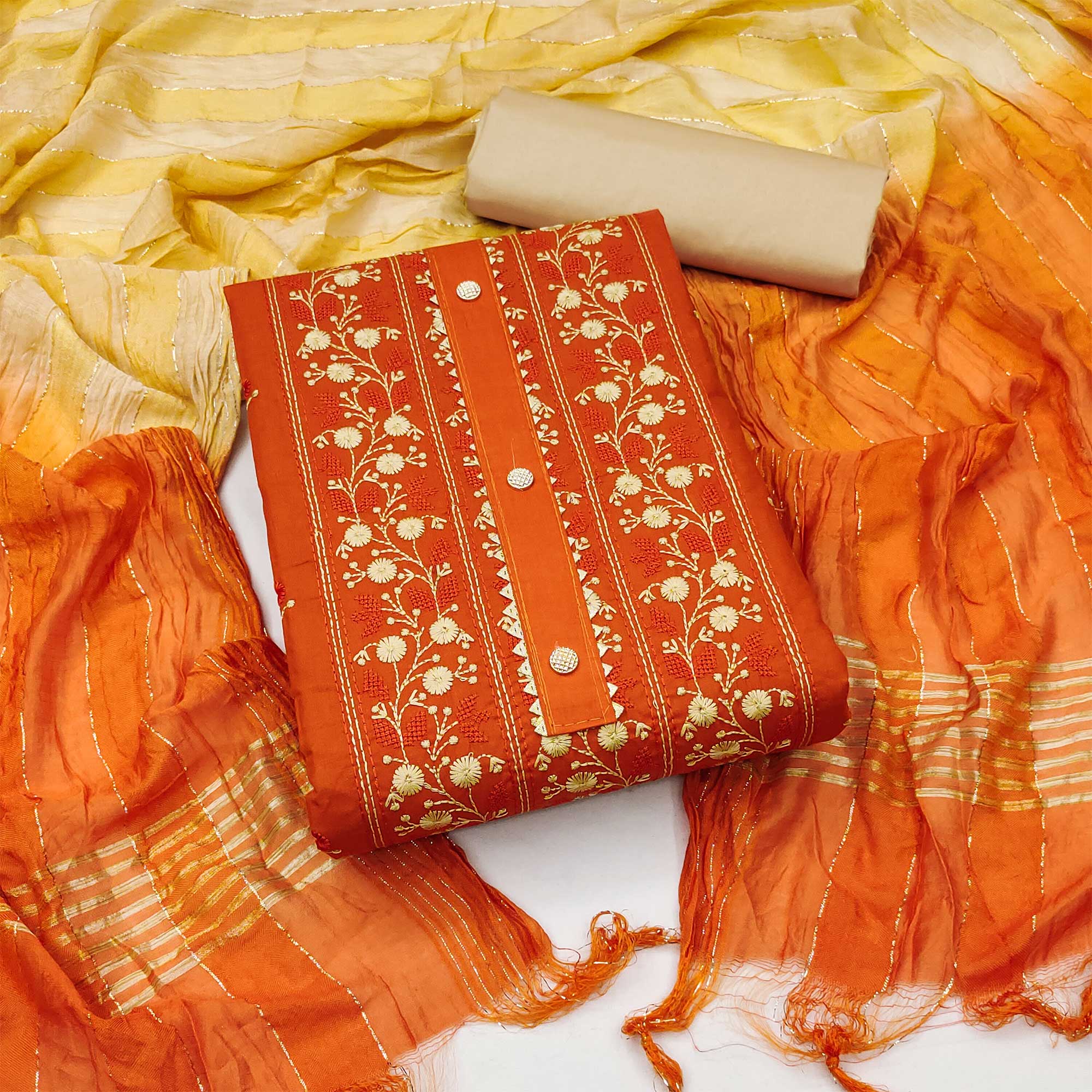 Orange Floral Embroidered Cotton Blend Dress Material