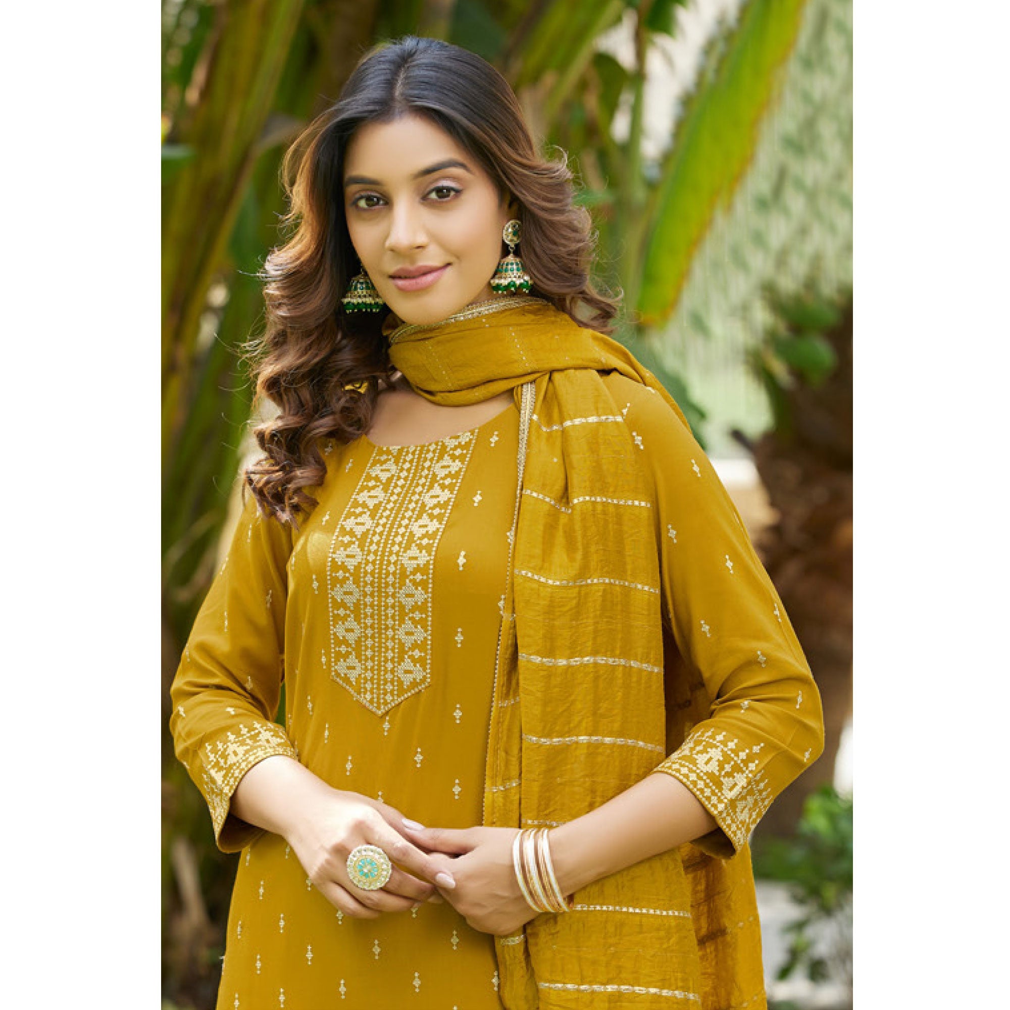 Mustard Embroidered Cotton Salwar Suit