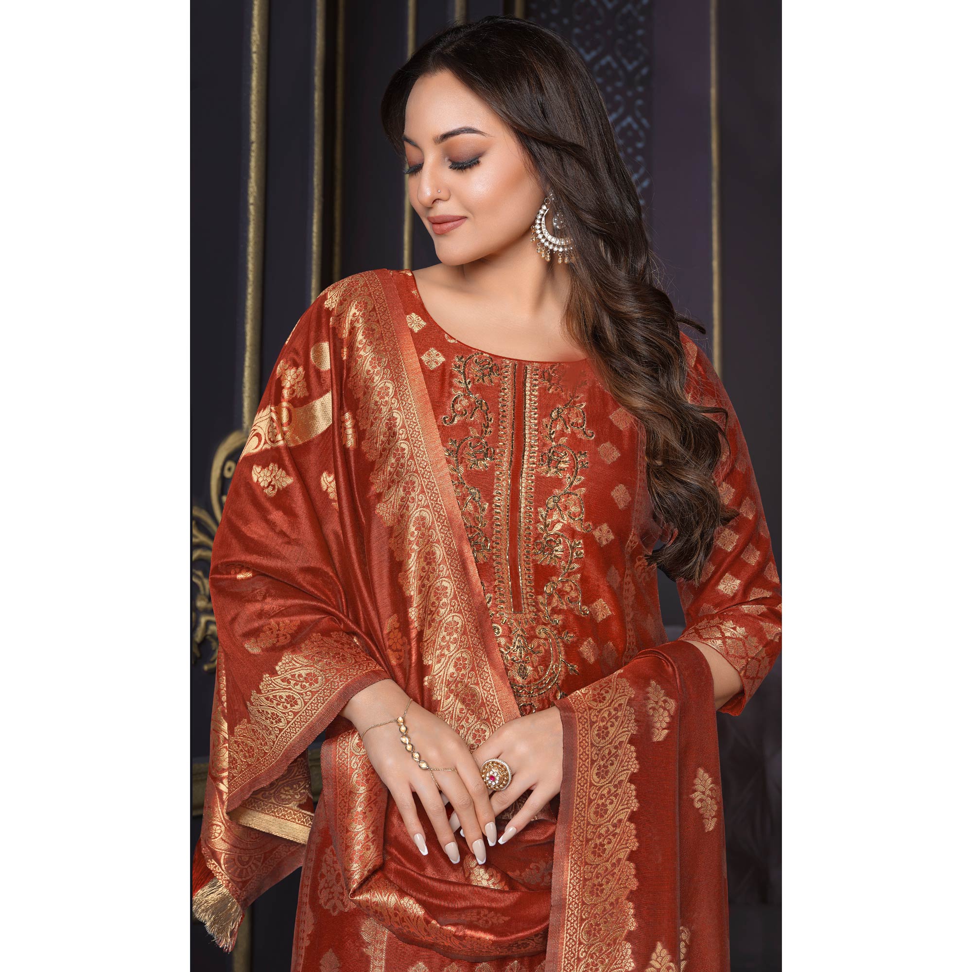 Rust Woven Banarasi Silk Salwar Suit