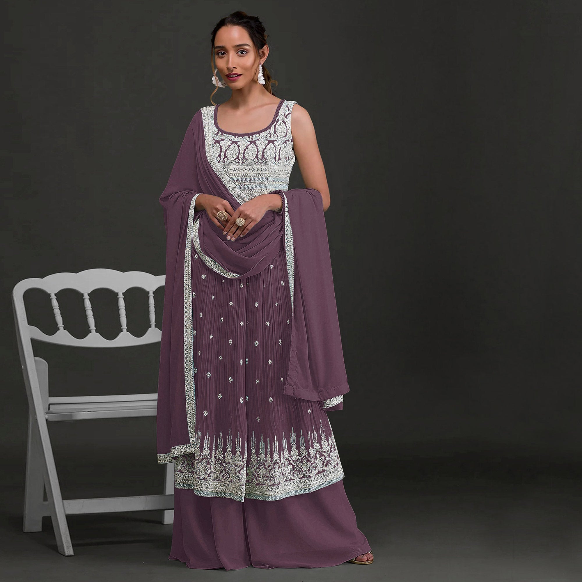 Purple Embroidered Georgette Naira Cut Semi Stitched Palazzo Suit