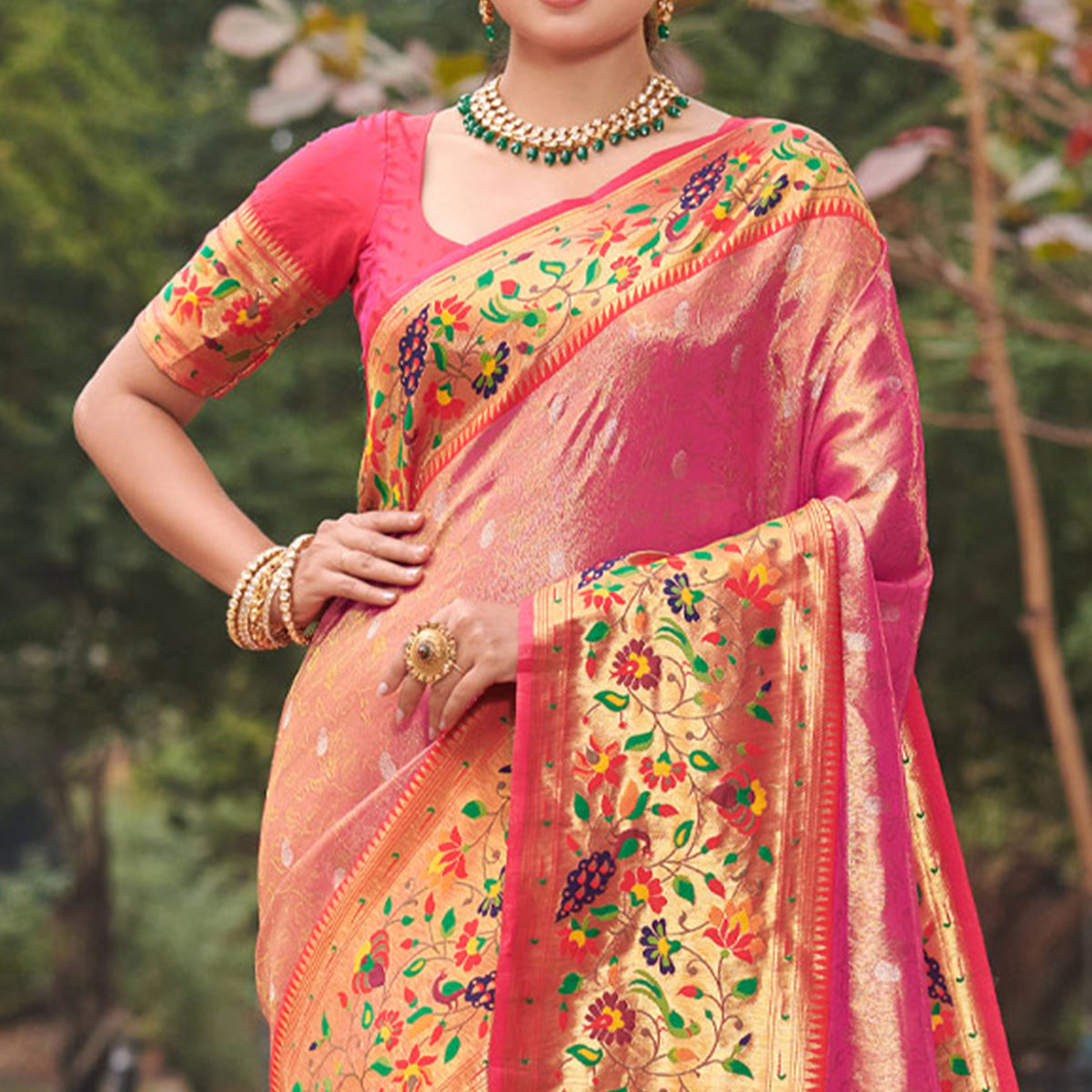 Pink Woven Art Silk Paithani Saree With Tassels