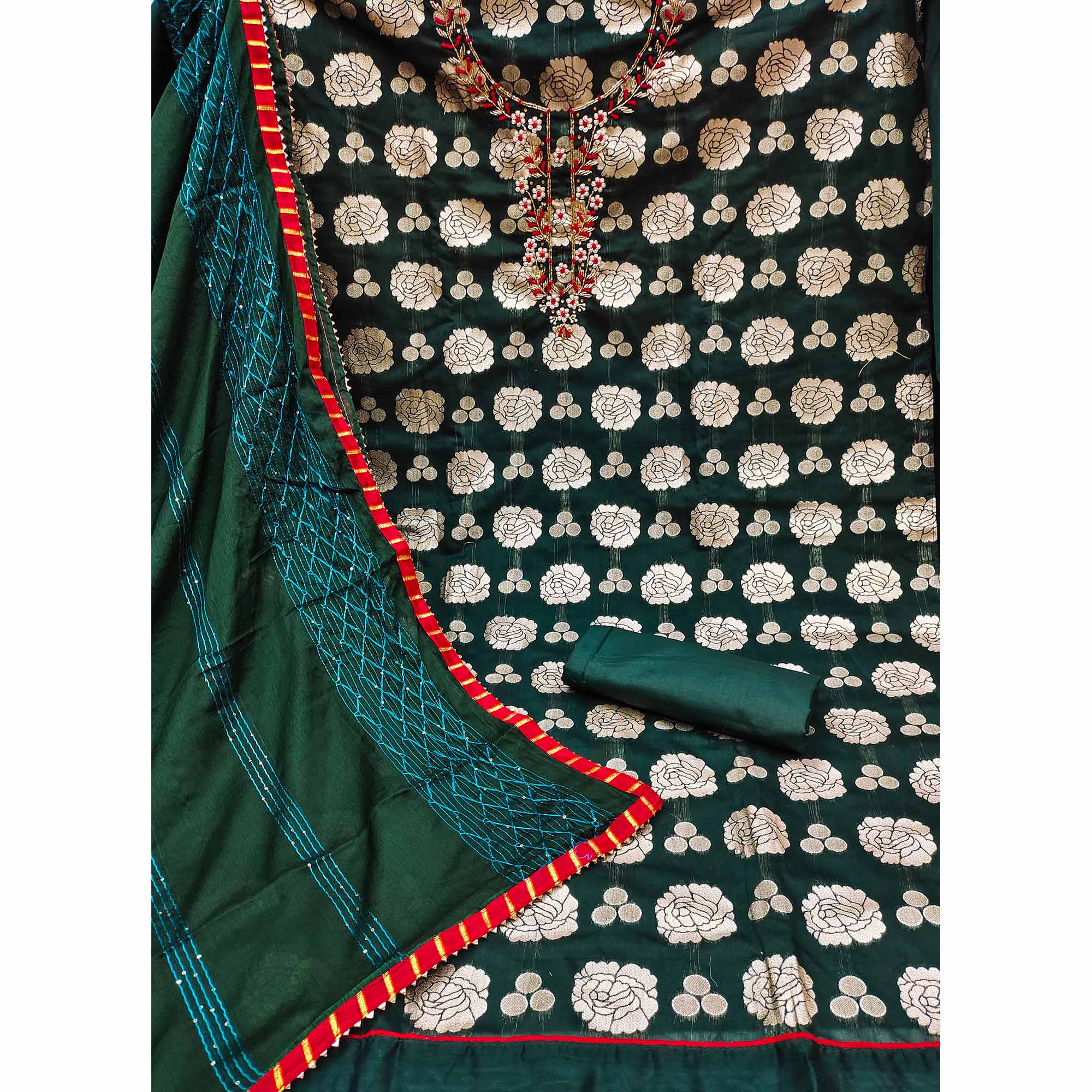 Green Woven Banarasi Silk Dress Material