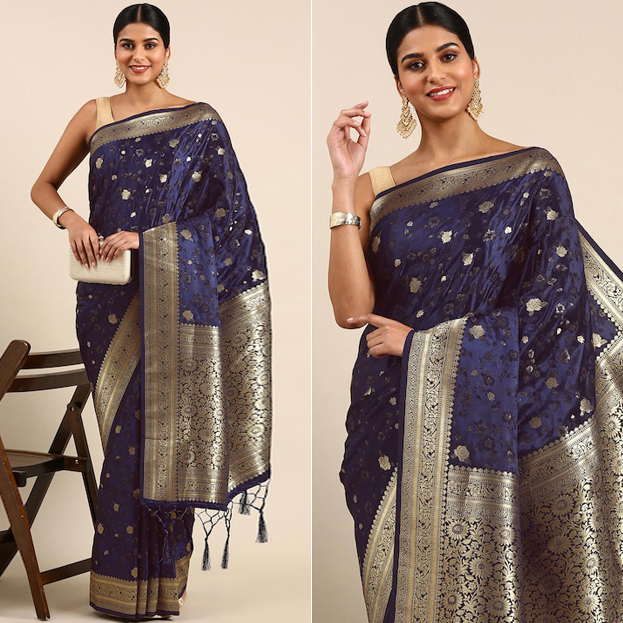 Navy Blue Woven Kanjivaram Silk Saree WithTassels