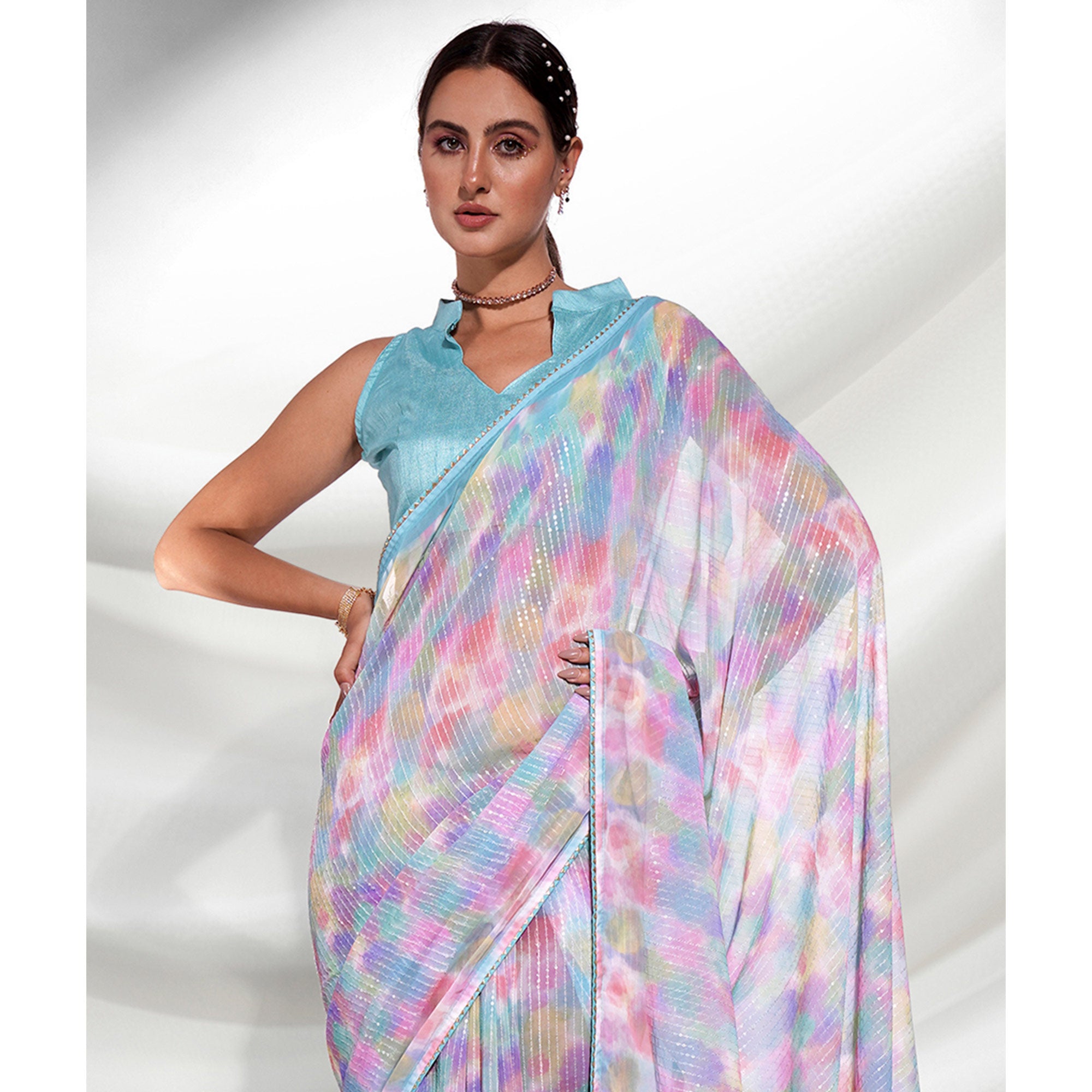 Multicolored Sequins Embroidered Georgette Saree