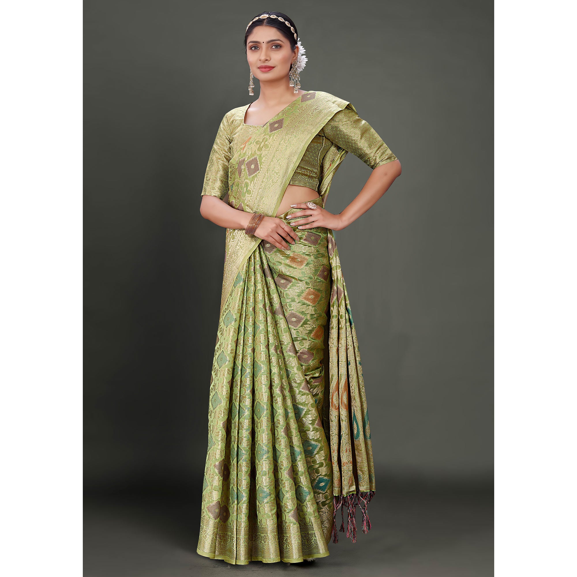 Green Woven Organza Saree With Tassels