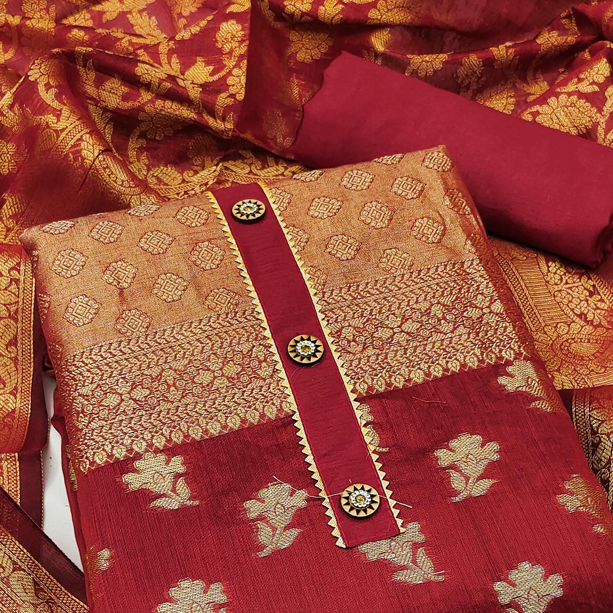 Red Floral Woven Banarasi Silk Dress Material