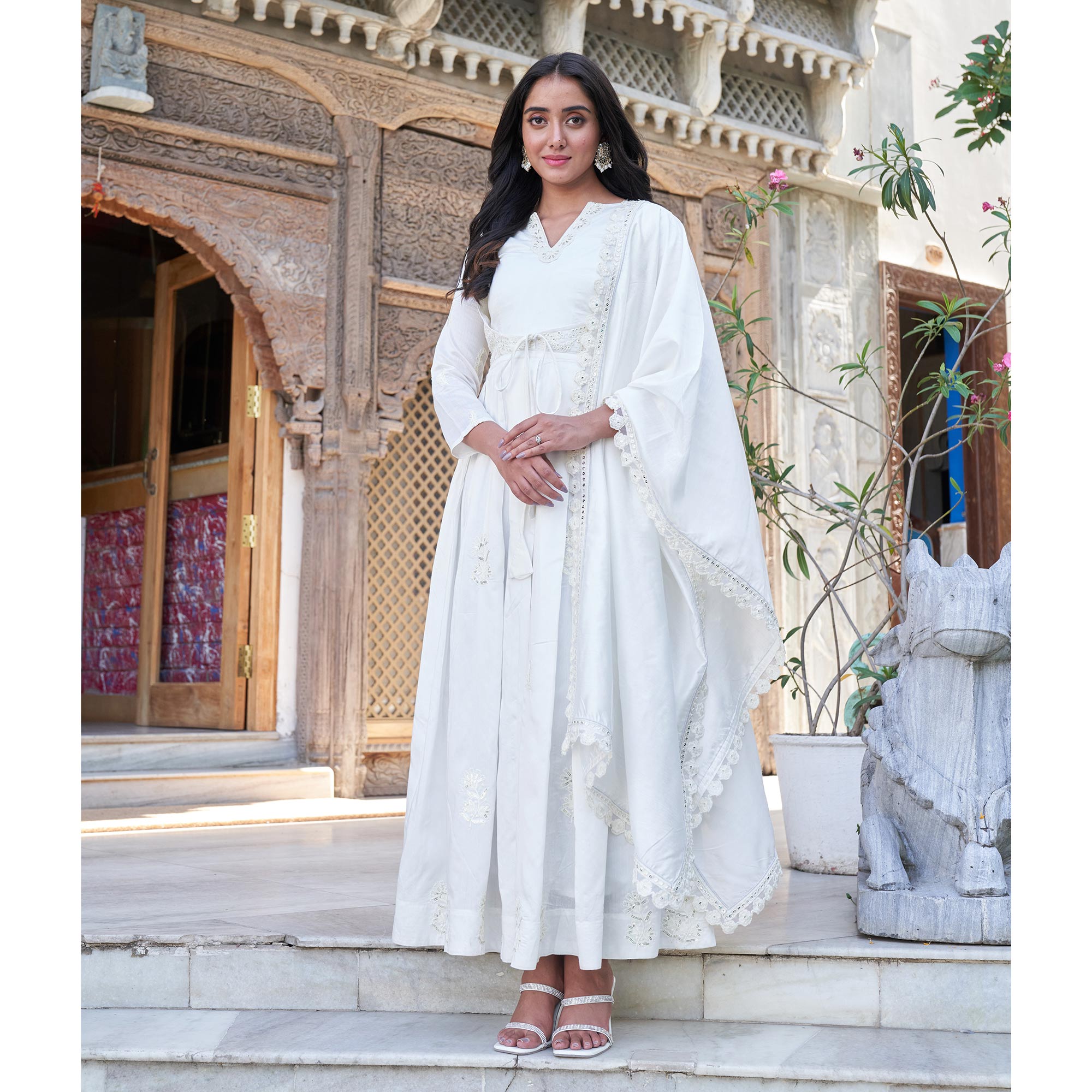 White Sequins Embroidered Chanderi Gown