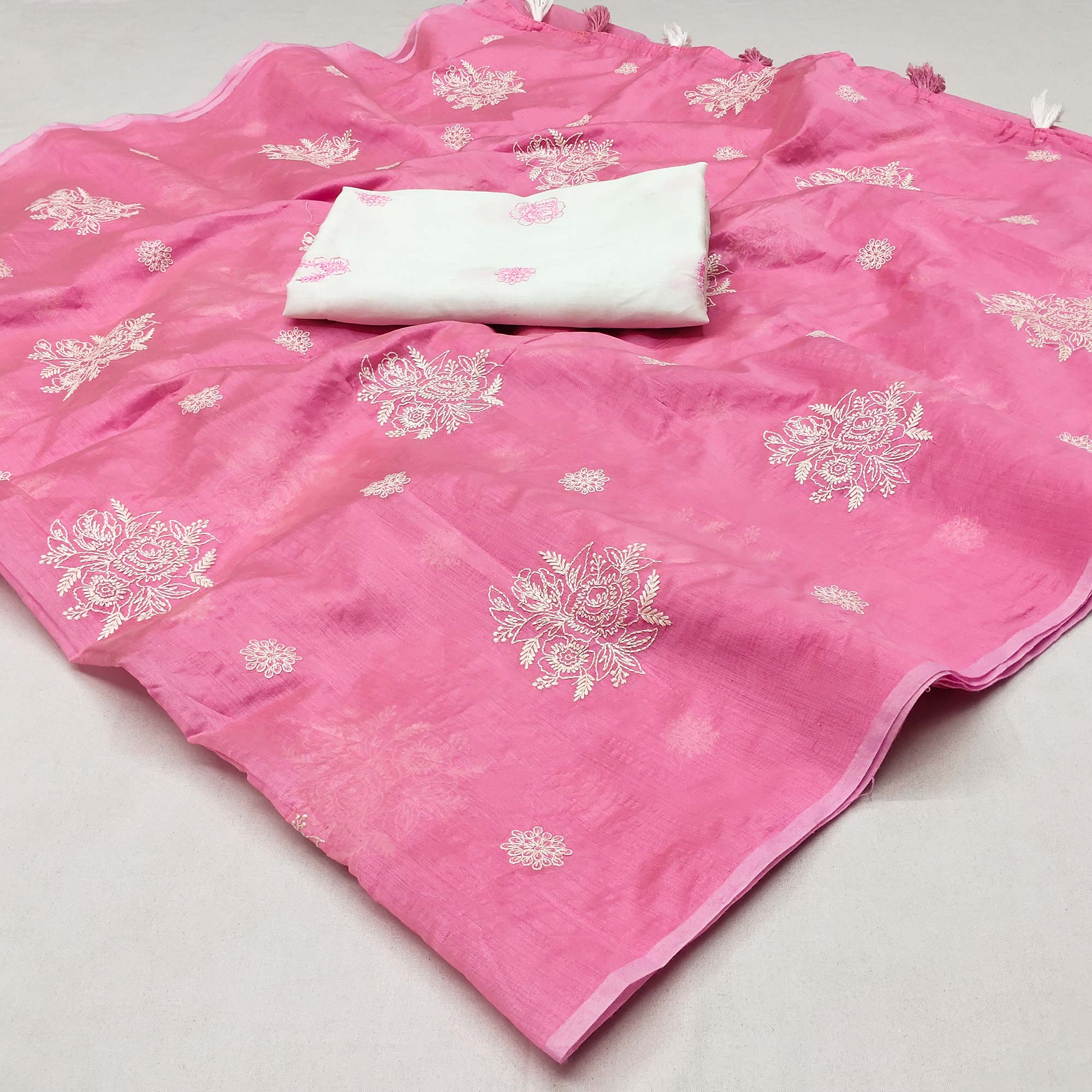 Pink Floral Embroidered Chanderi Saree With Tassels