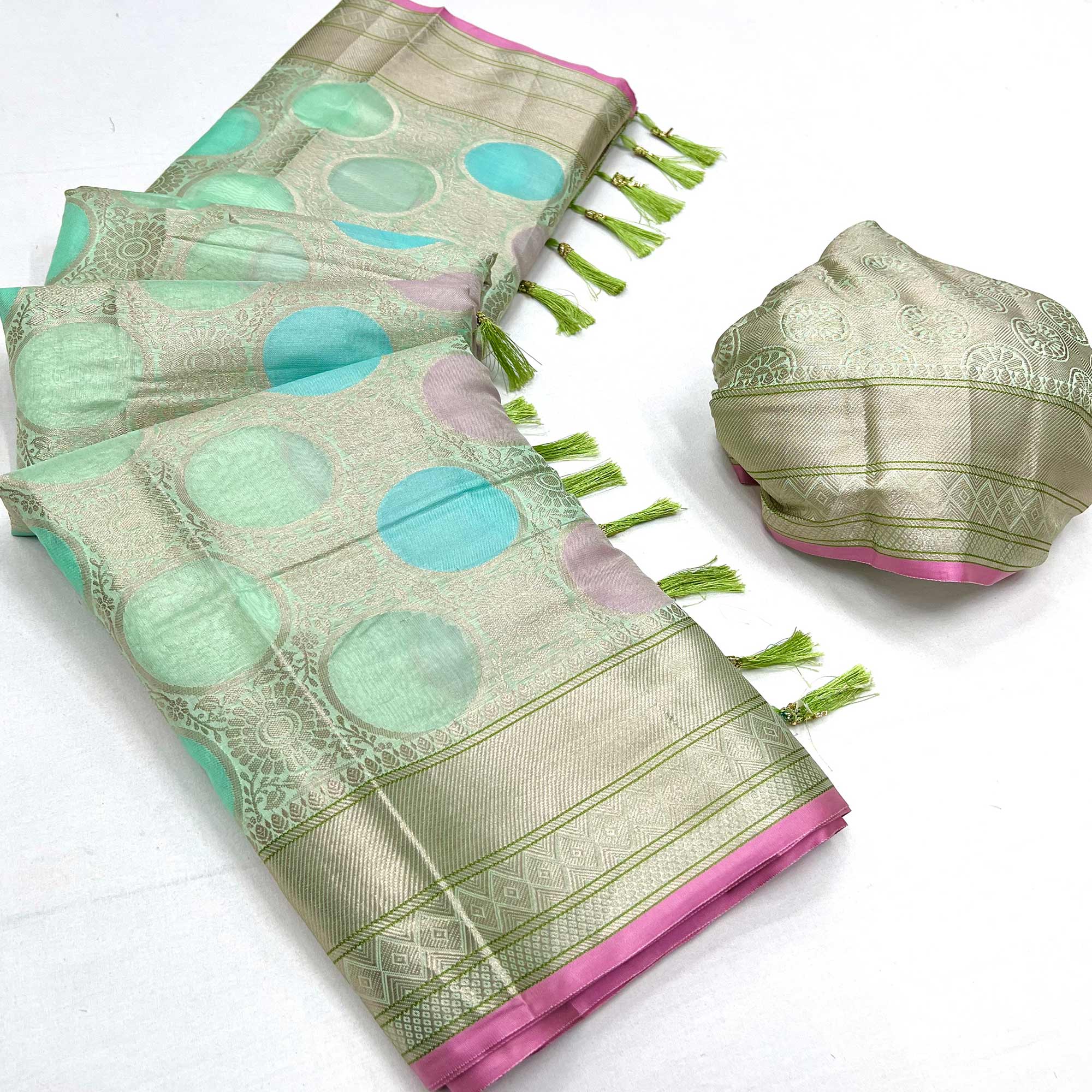 Green Floral Woven Organza Saree With Tassels