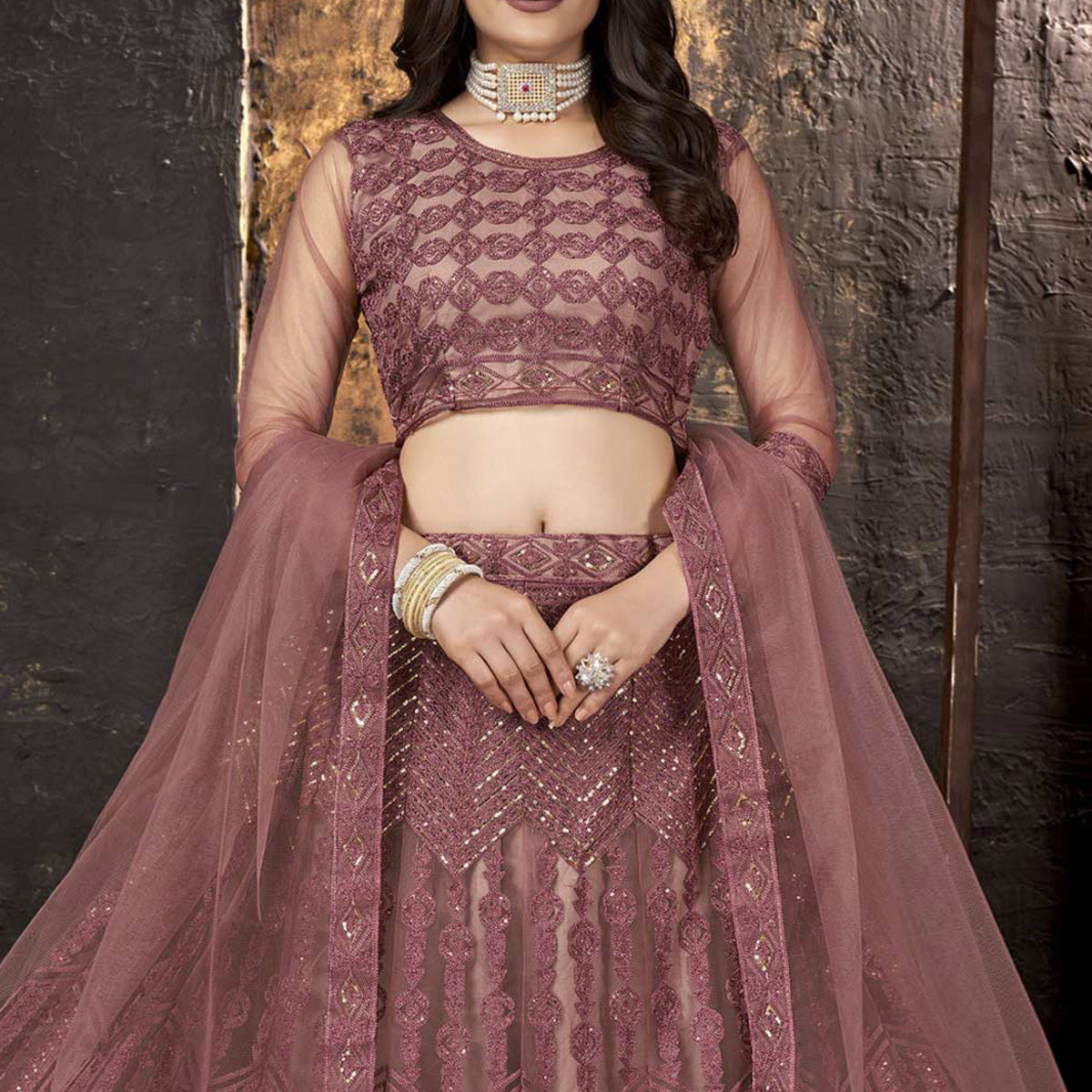 Dusty Pink Sequins Embroidered Net Lehenga Choli