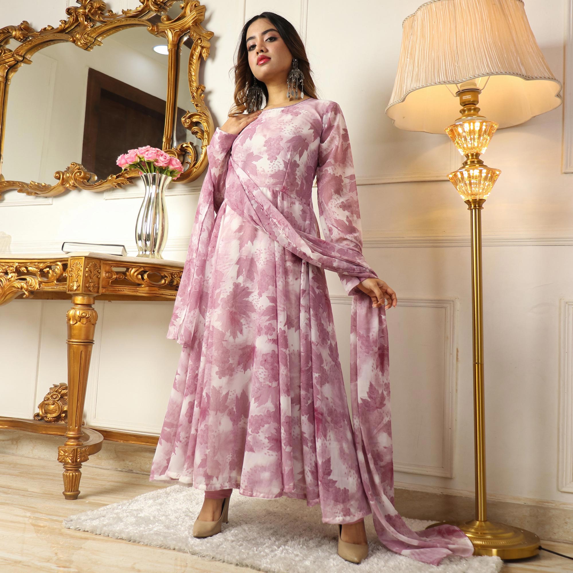 Purple Floral Printed Georgette Anarkali Suit