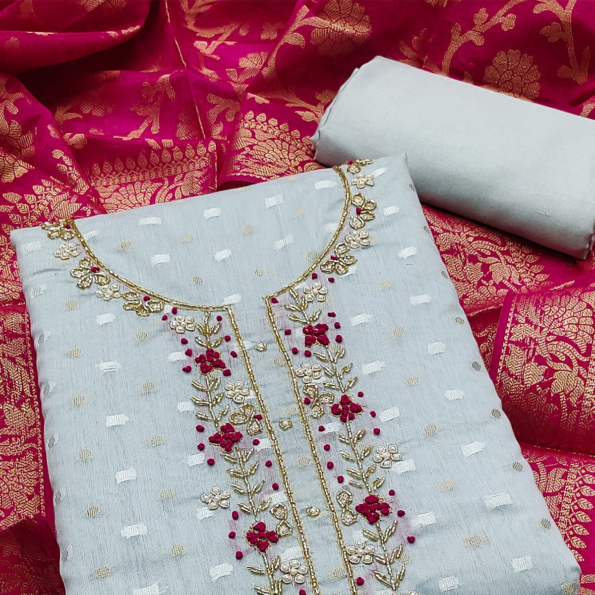 Pastel Blue Woven Banarasi Silk Dress Material