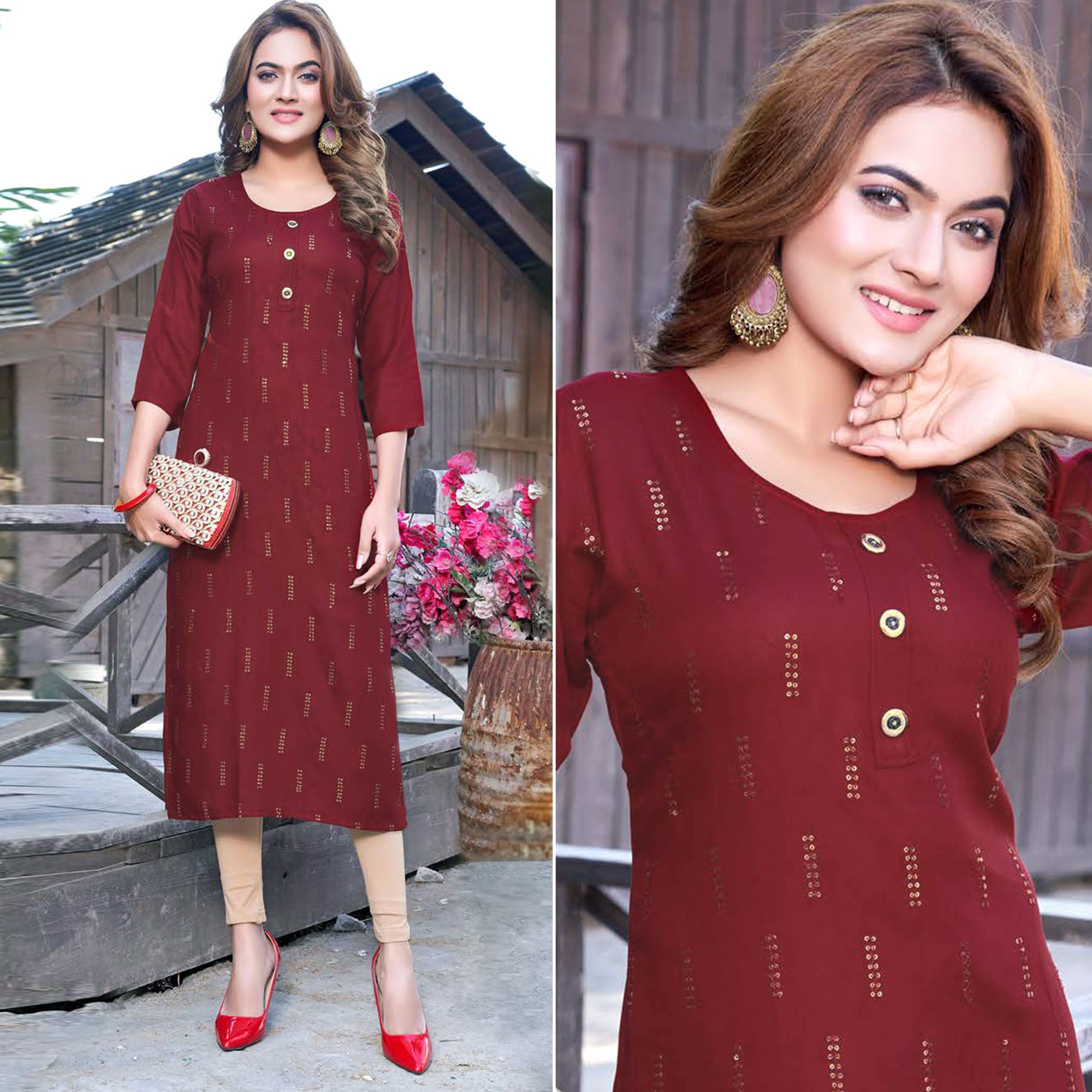 Maroon Sequins Embroidered Rayon Kurti