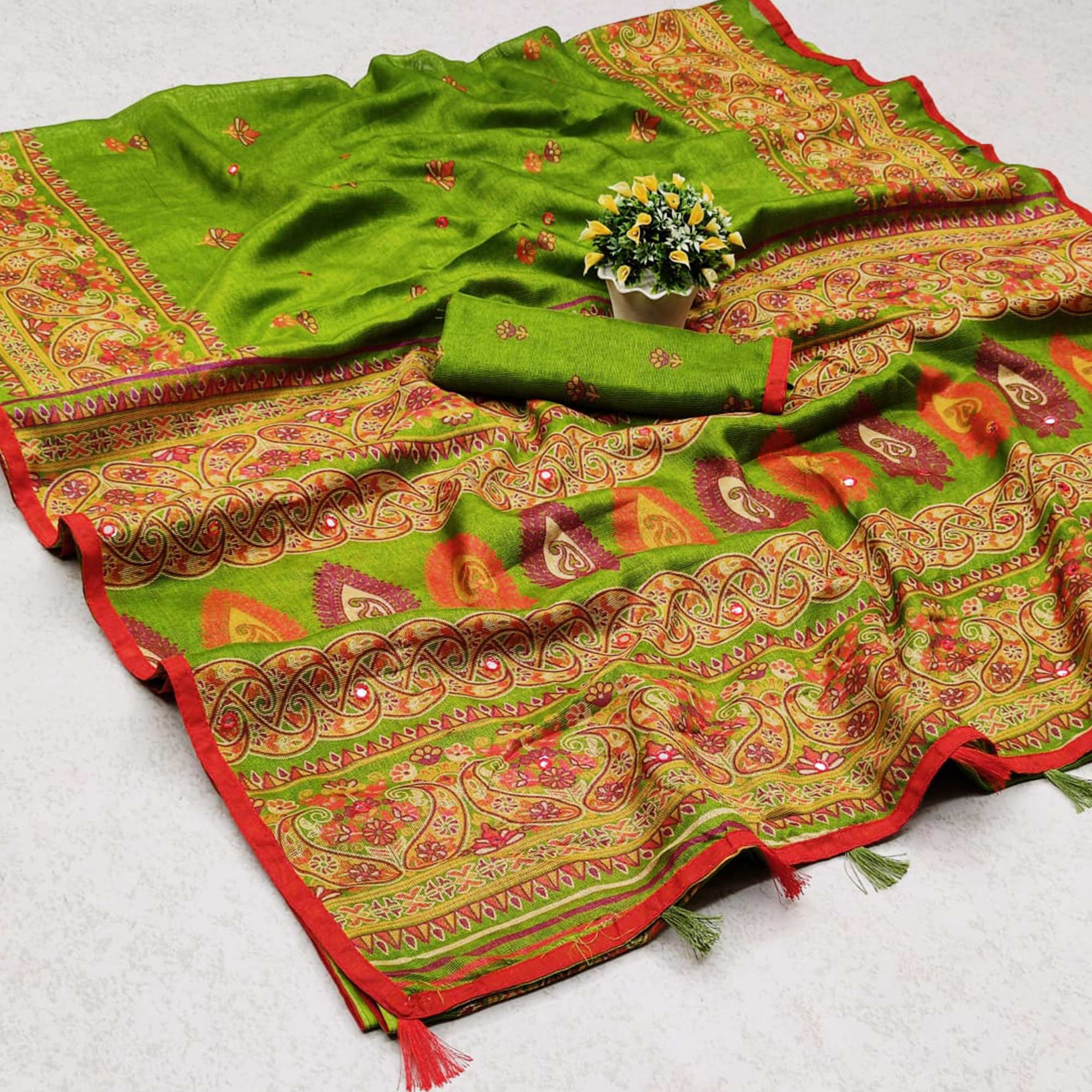 Green Printed Cotton Blend Saree With Tassels