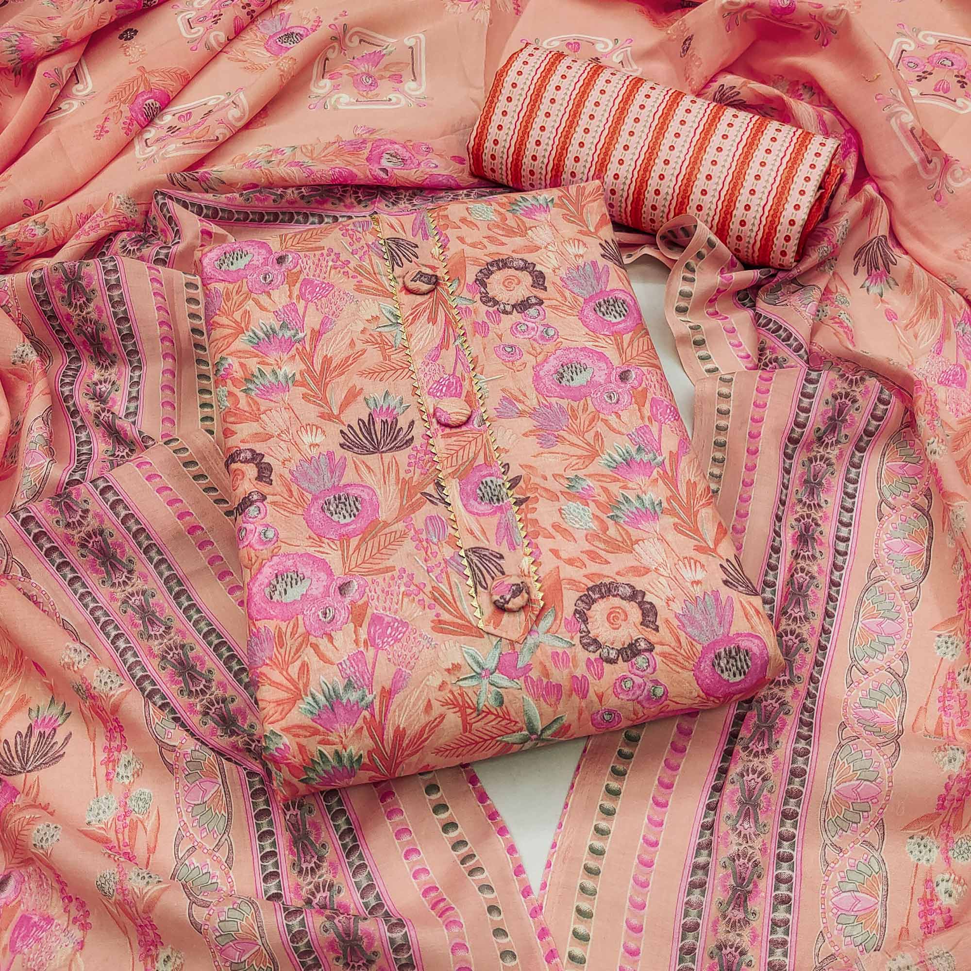 Peach Floral Printed Cotton Blend Dress Material