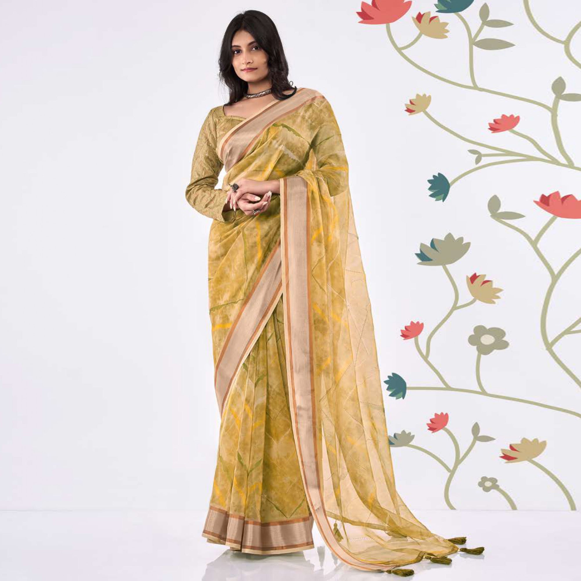 Mustard Printed Organza Saree With Woven Border
