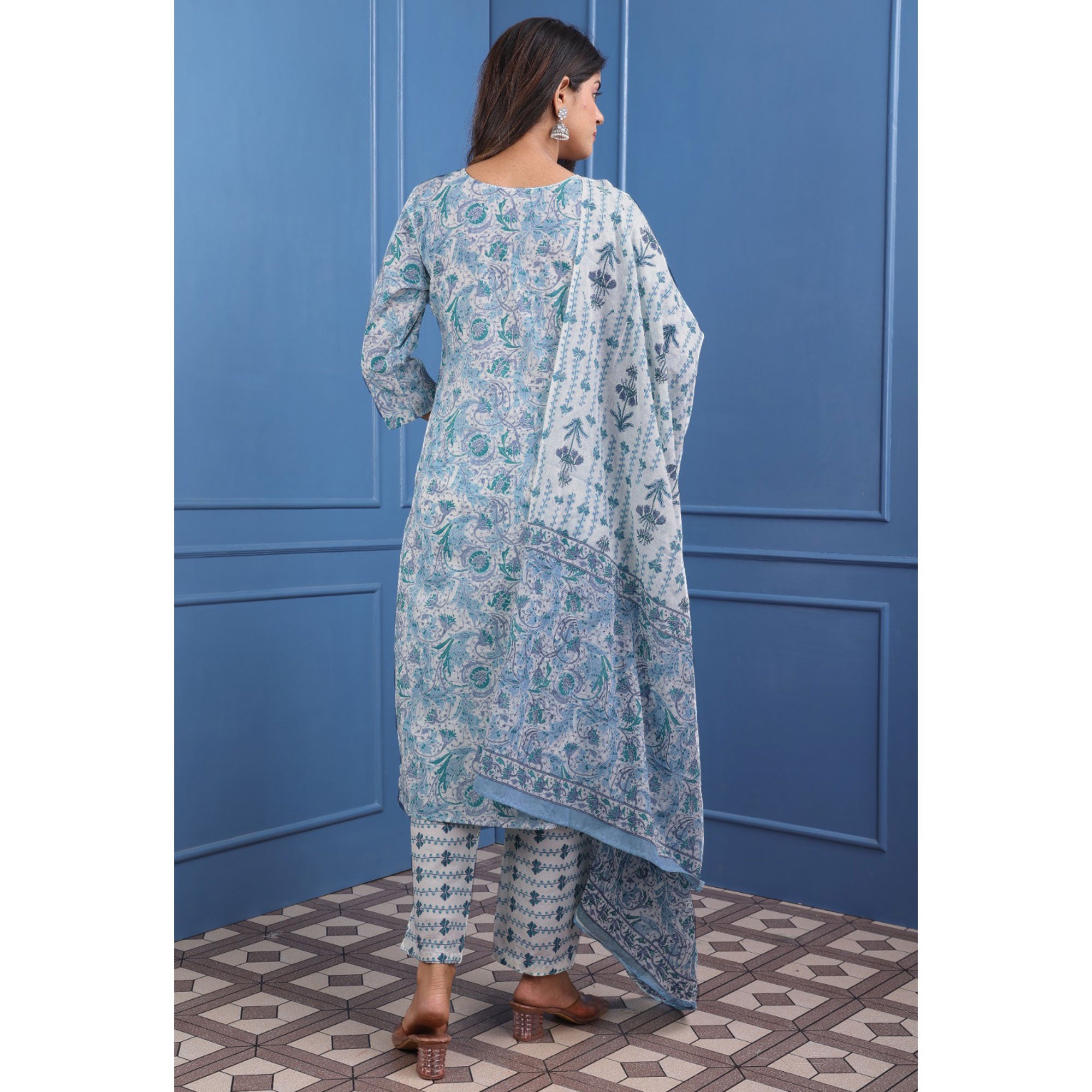 Blue Floral Printed Pure Cotton Suit