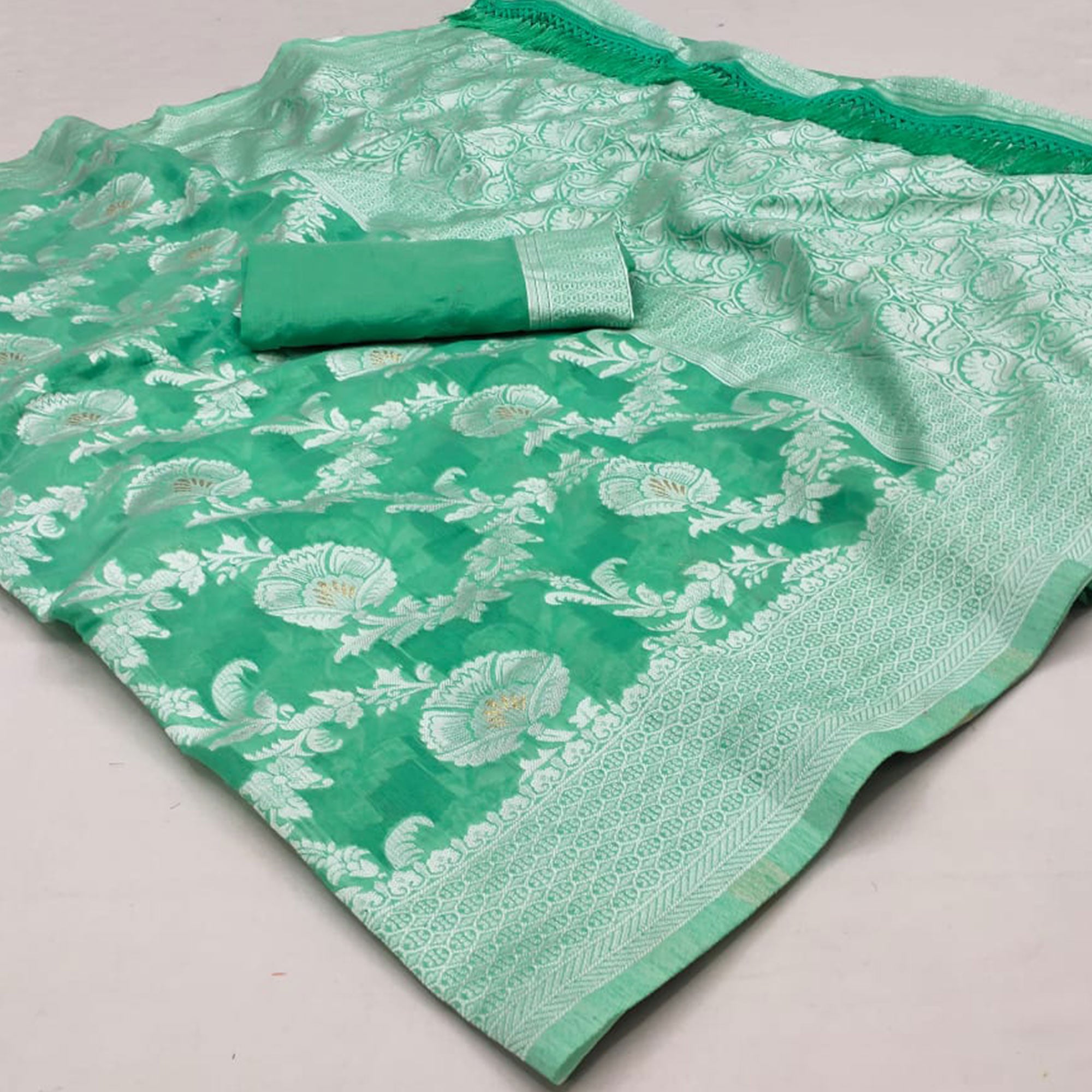 Sea Green Woven Cotton Blend Saree With Tassels