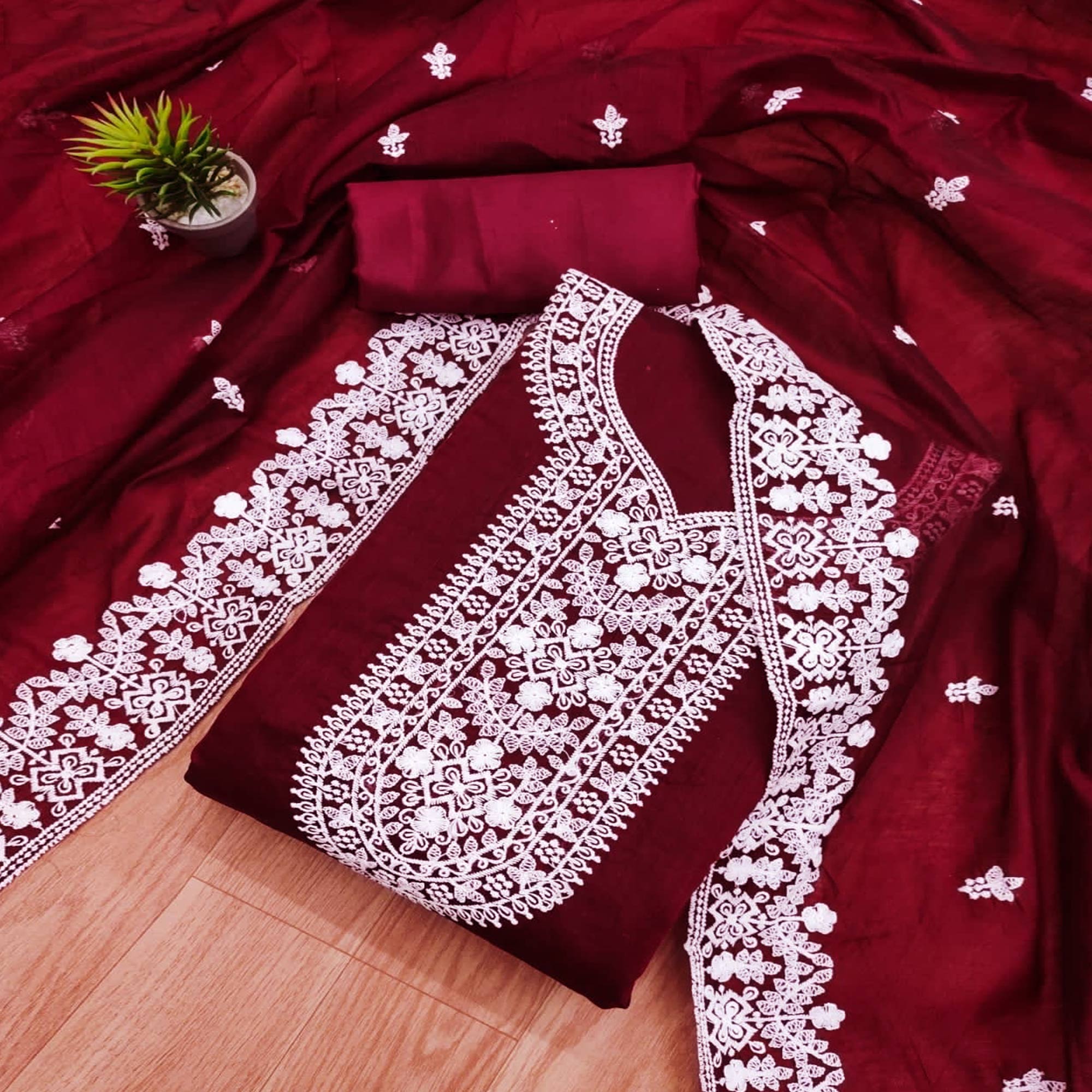 Maroon Lucknowi Embroidered Modal Dress Material