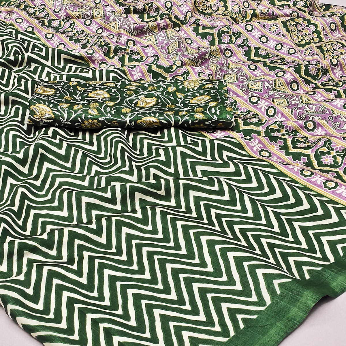 Green Striped Printed Art Silk Saree