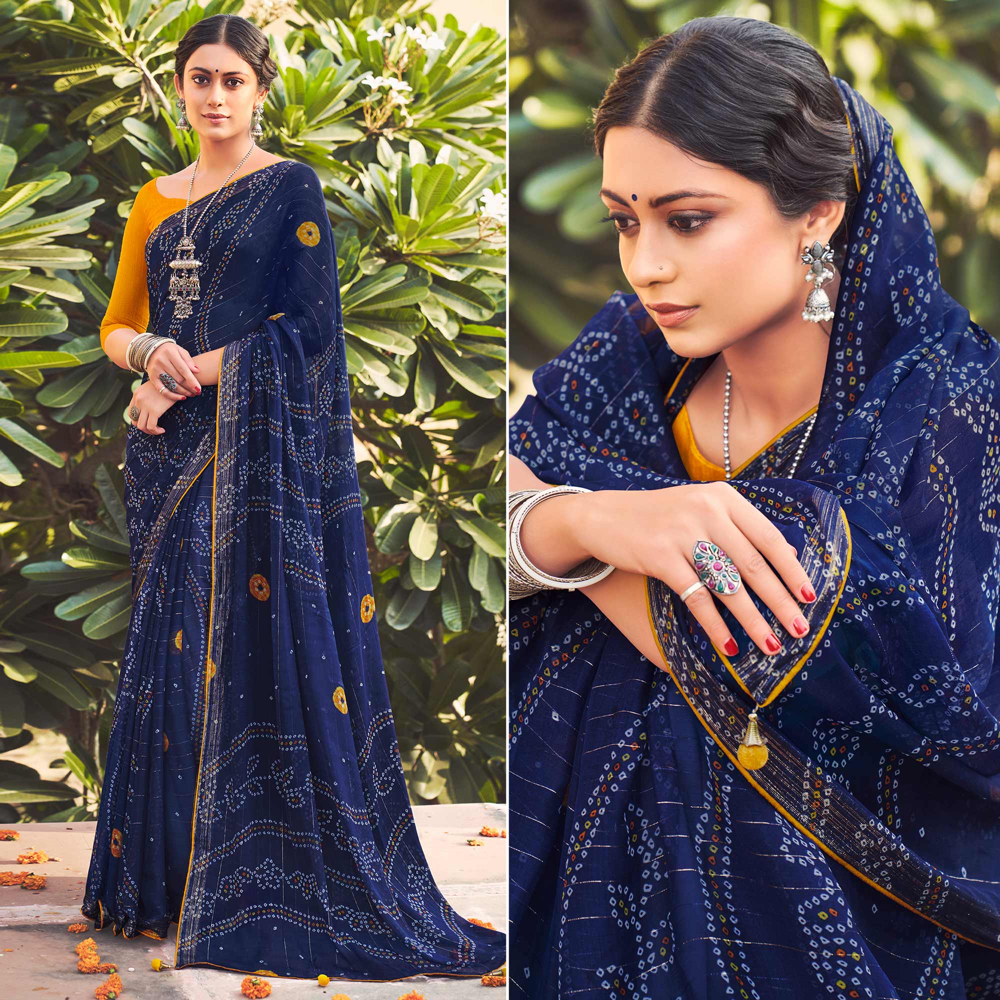 Navy Blue Printed Chiffon Saree
