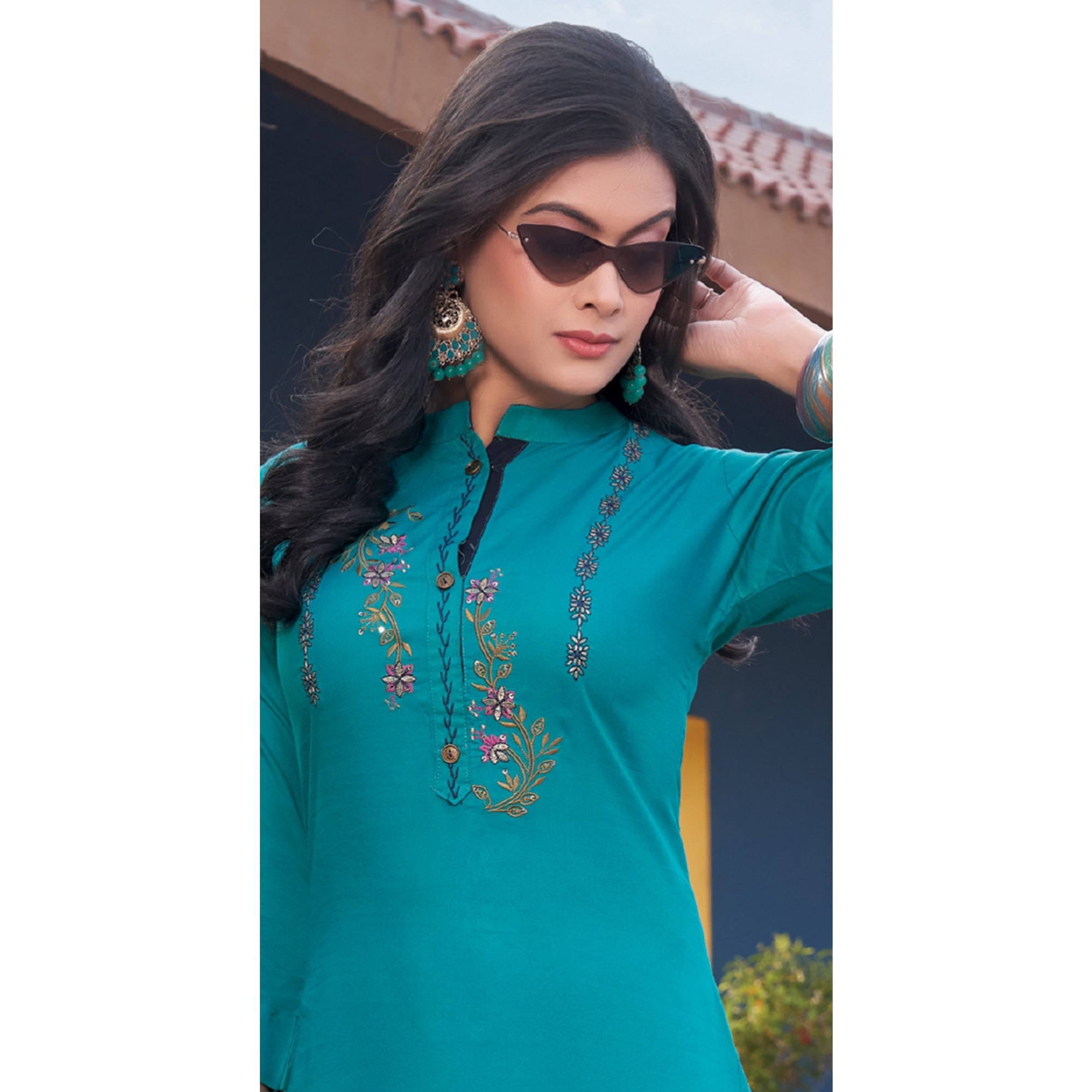 Rama Blue Embroidered Rayon Kurti