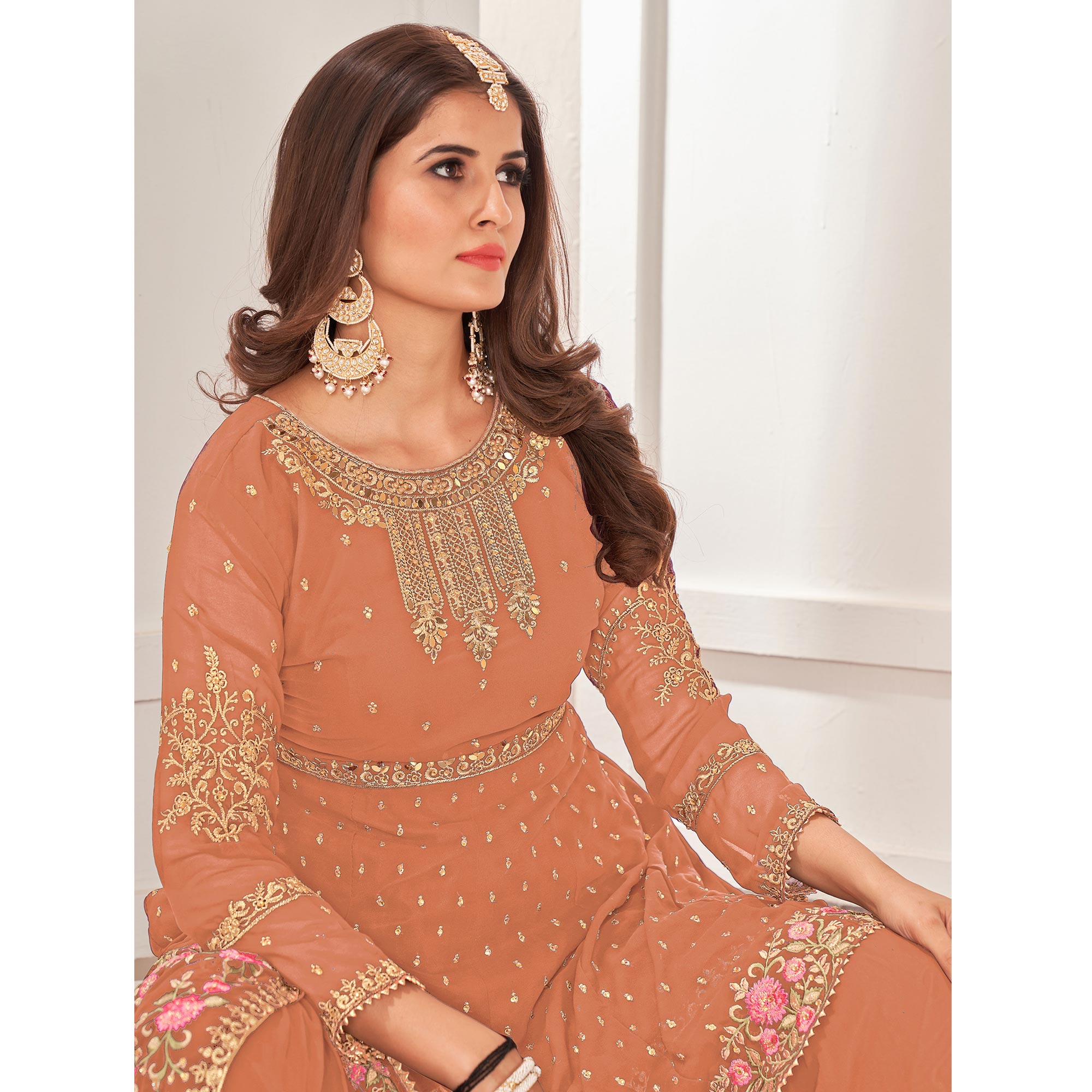 Peach Sequins Embroidered Georgette Sharara Suit