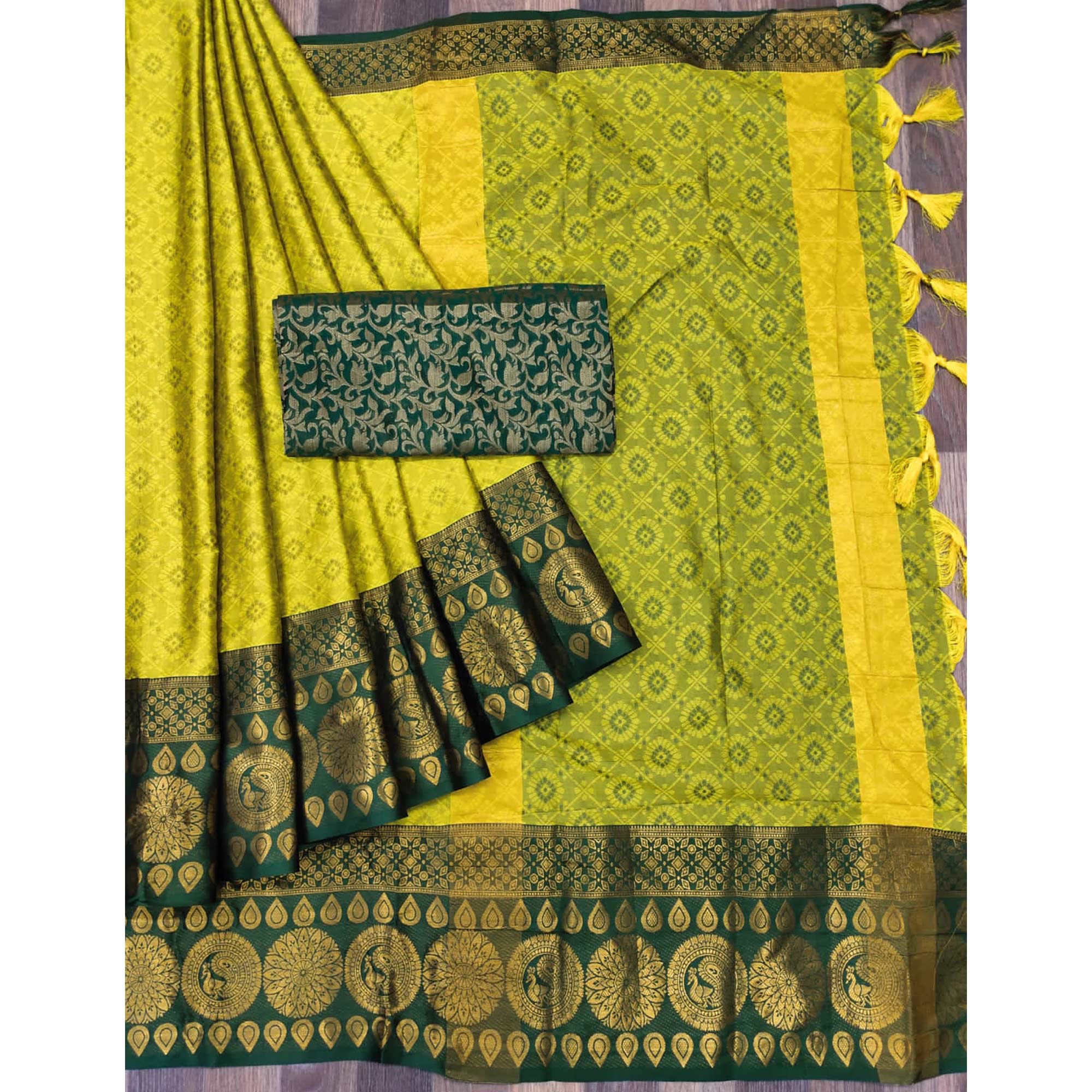 Lemon Green Woven Cotton Silk Saree With Tassels