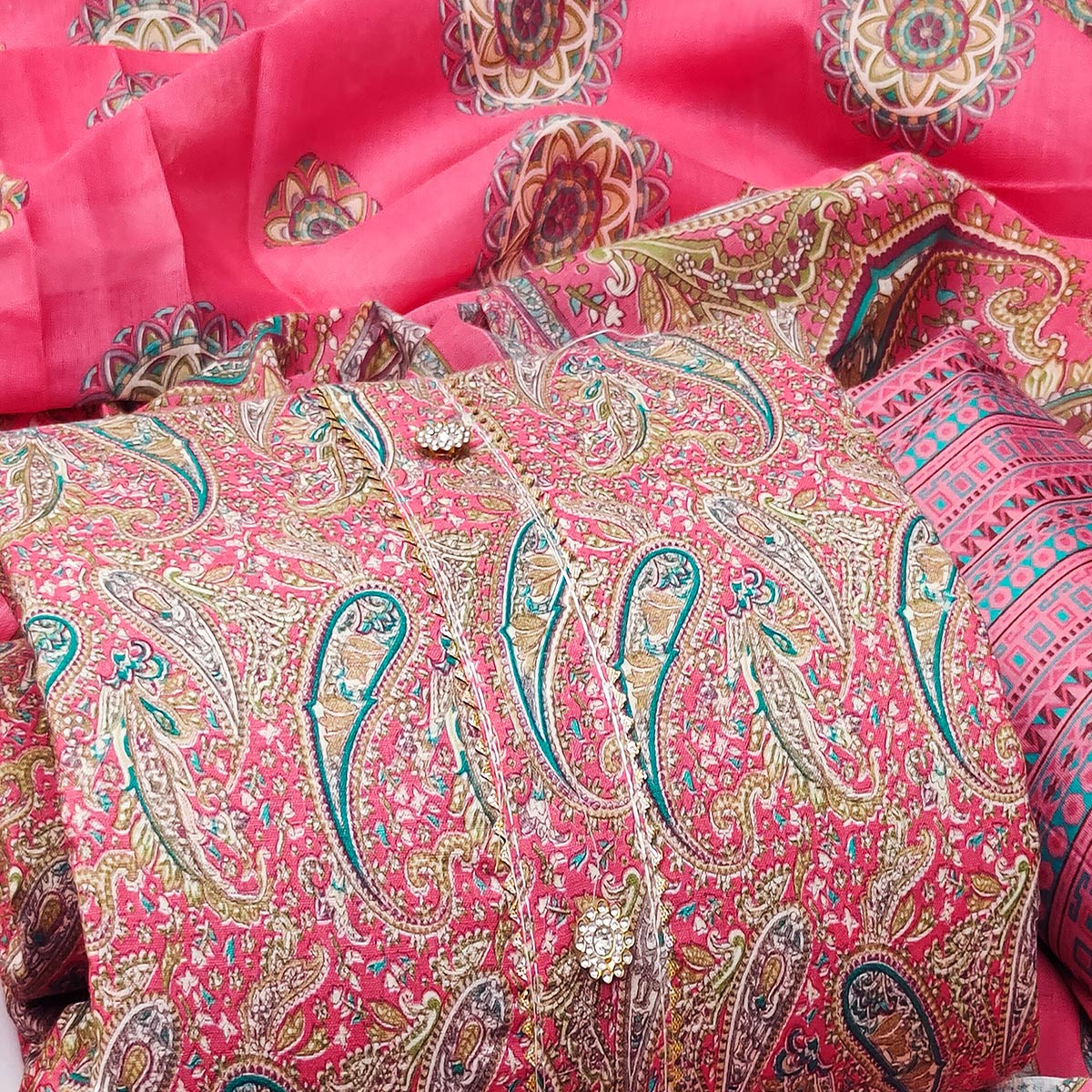 Pink Printed Cotton Blend Dress Material