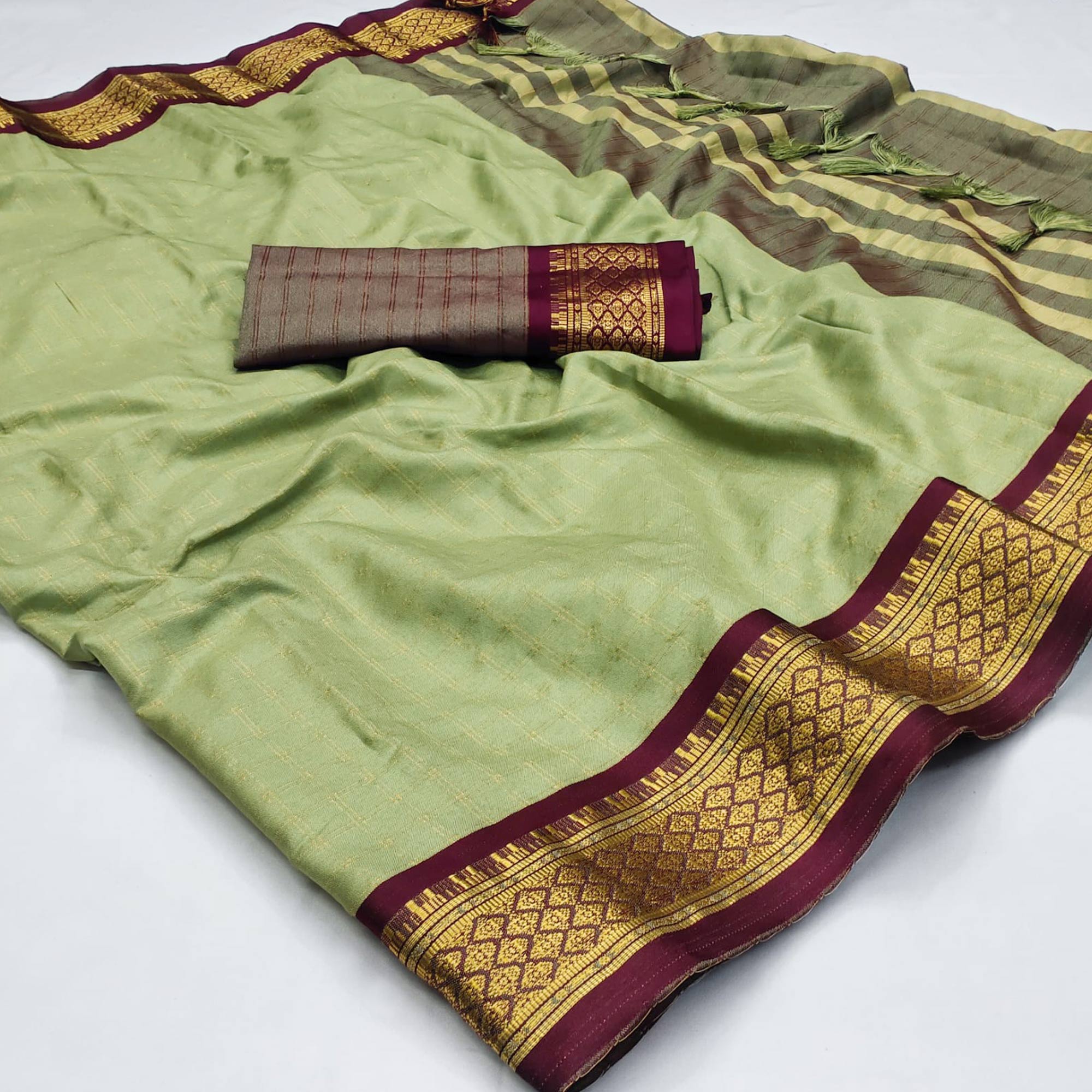 Olive Green Checks With Woven Border Cotton Silk Saree