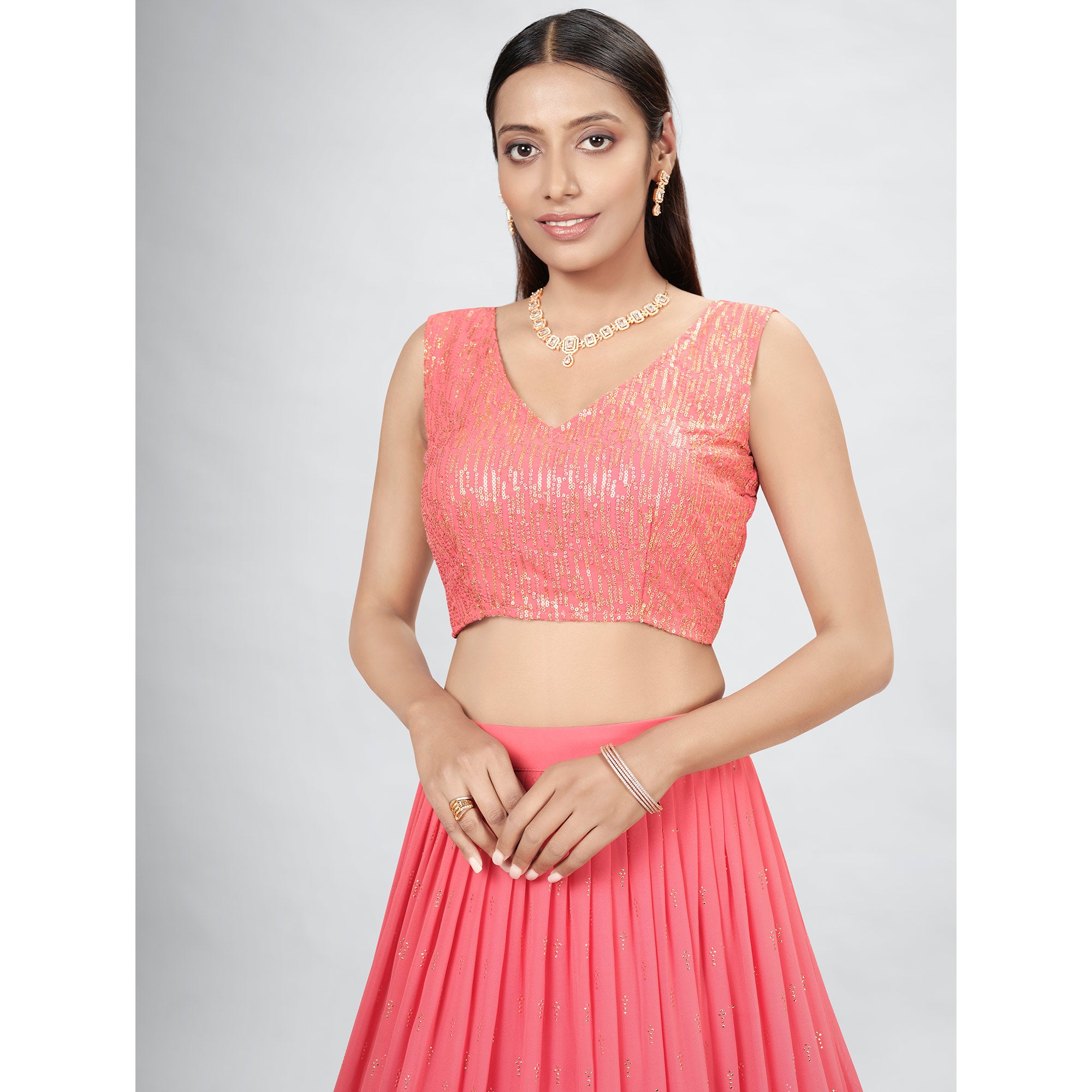Coral pink Embellished With Embroidered Georgette Lehenga Choli