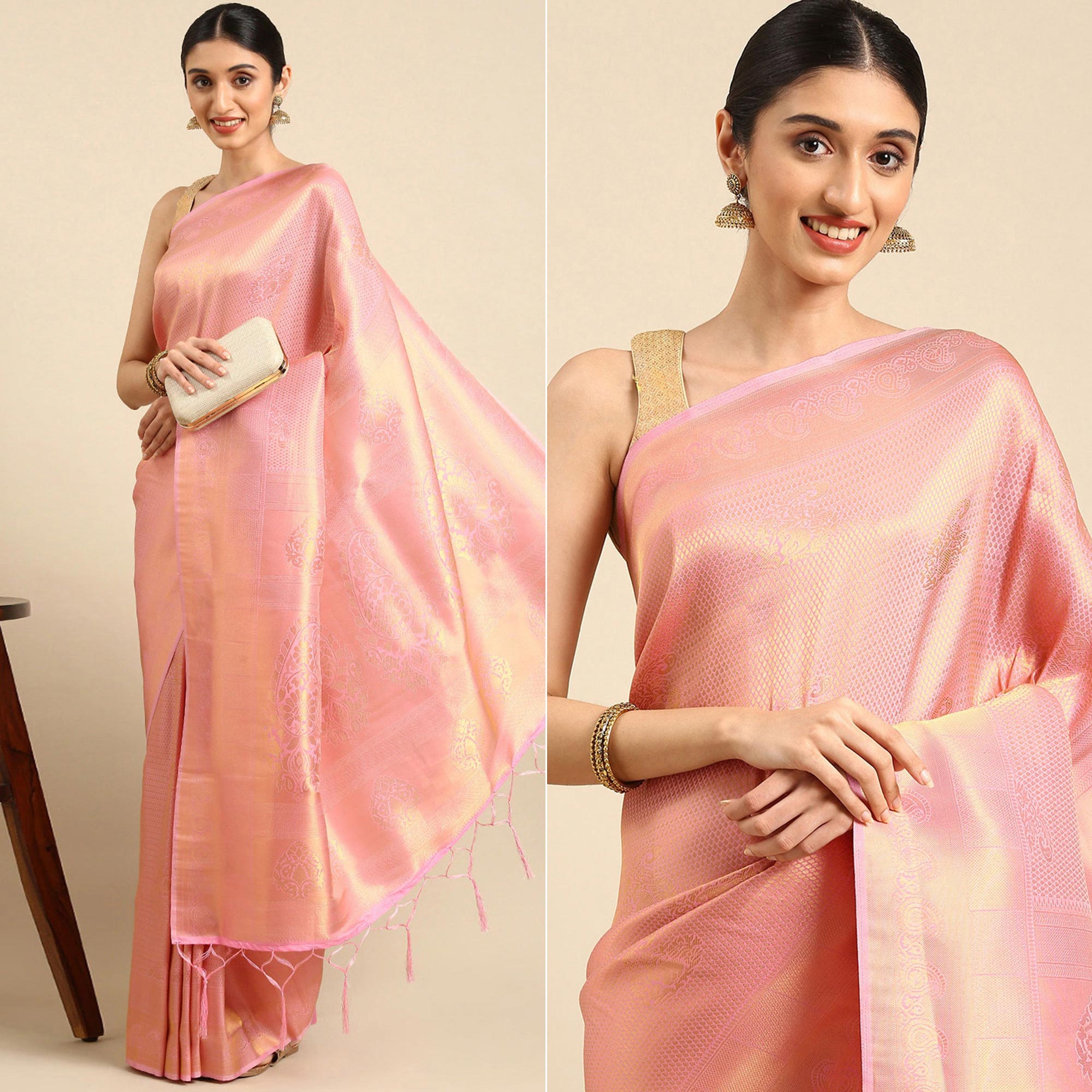 Peach Woven Kanjivaram Silk Saree WithTassels