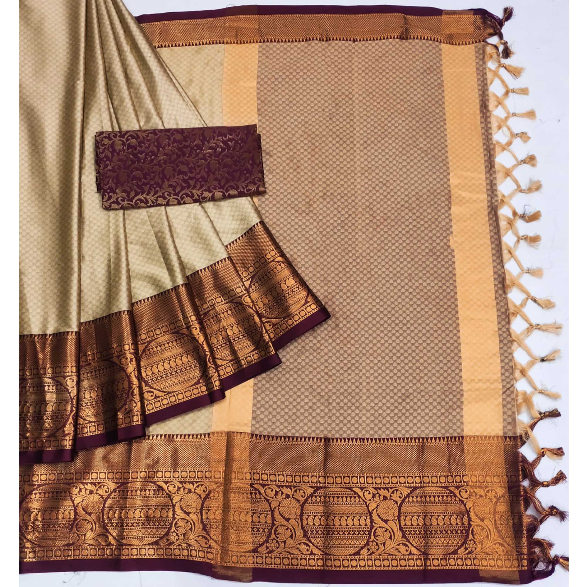 Chikoo Woven Cotton Silk Saree With Tassels