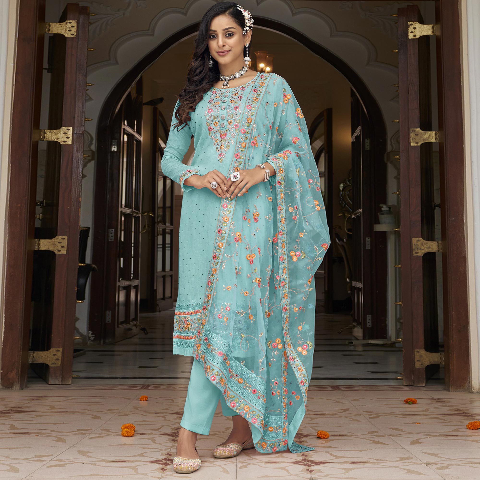 Blue Floral Embroidered Georgette Salwar Suit