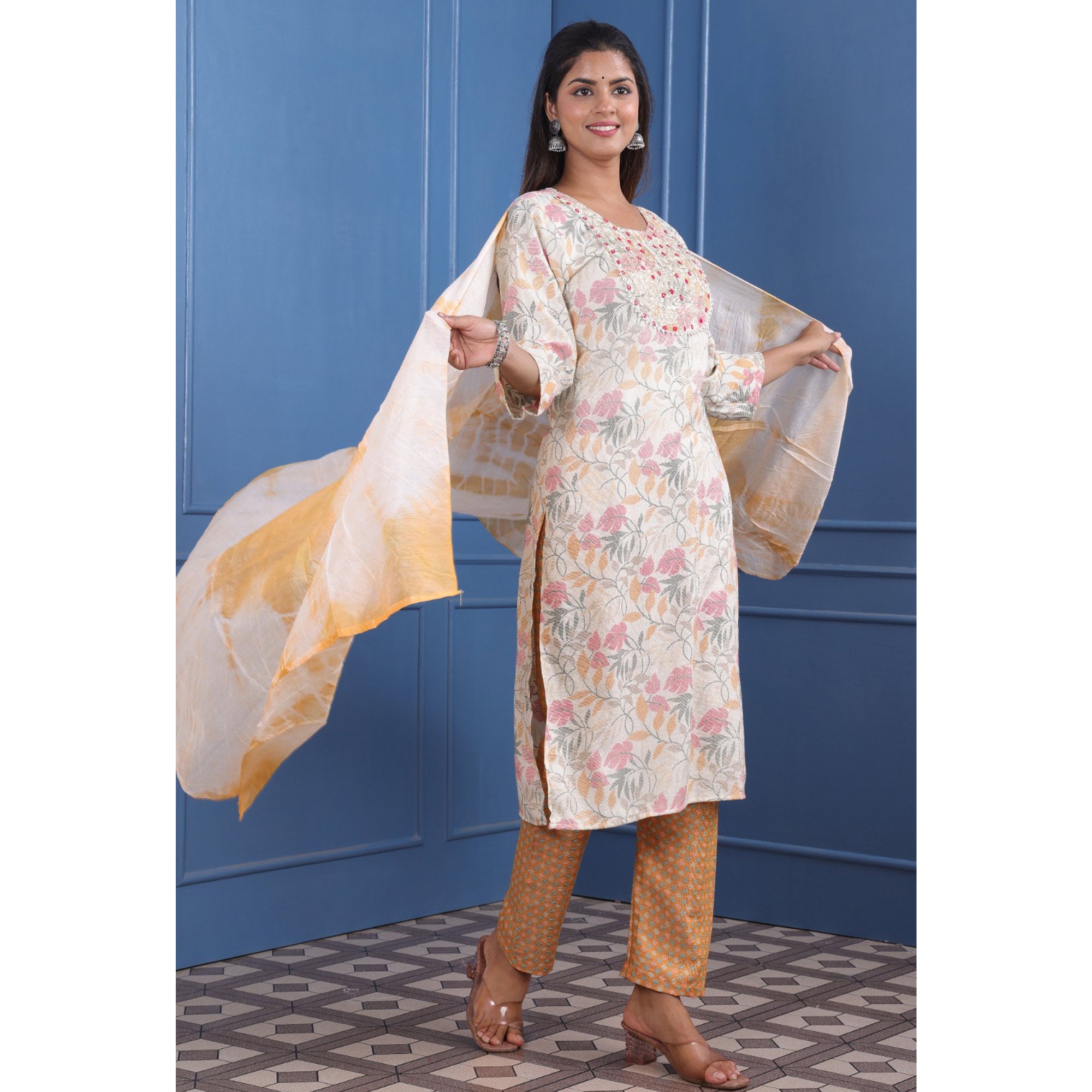 White Floral Printed With Embroidered Rayon Suit