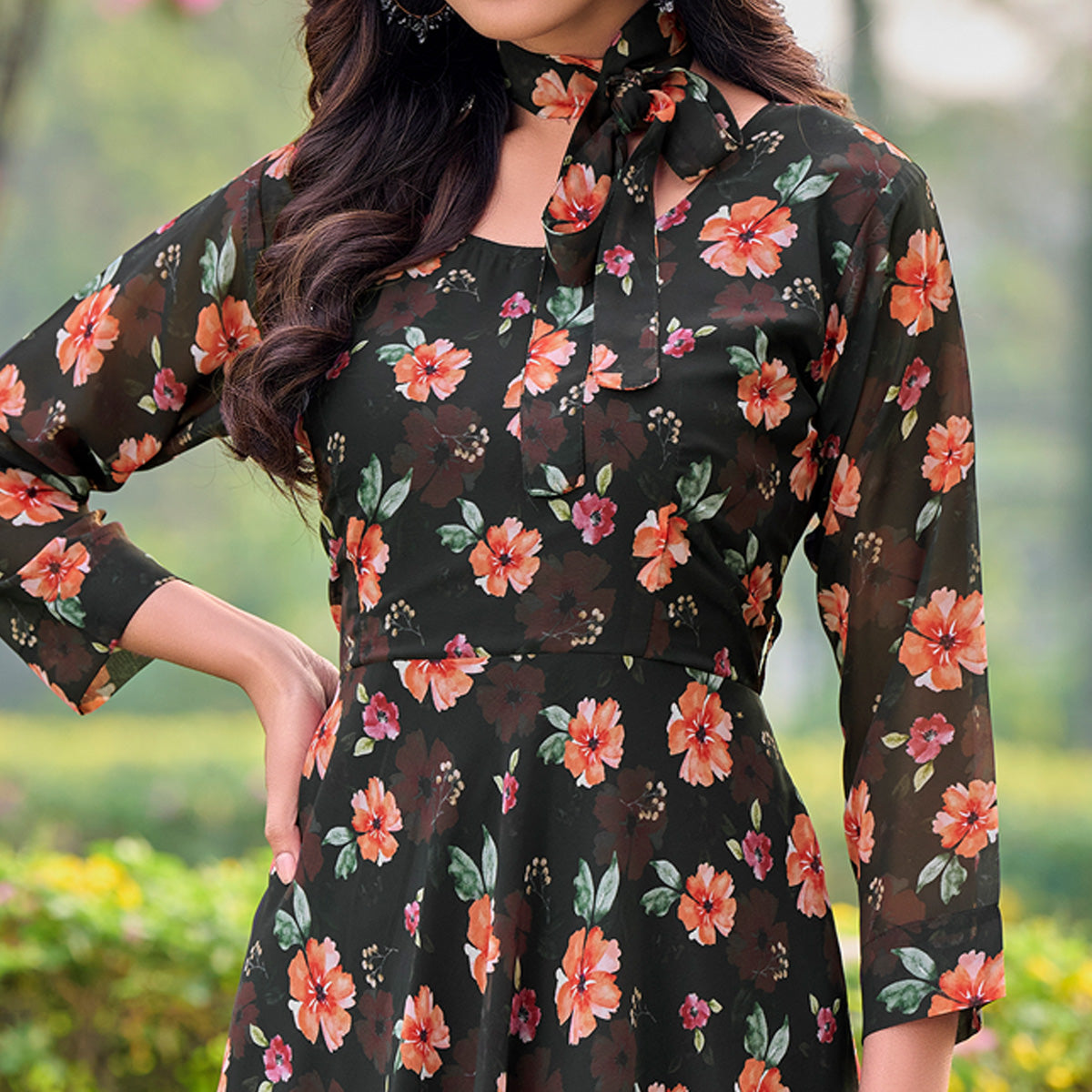 Black Floral Digital Printed Georgette Dress