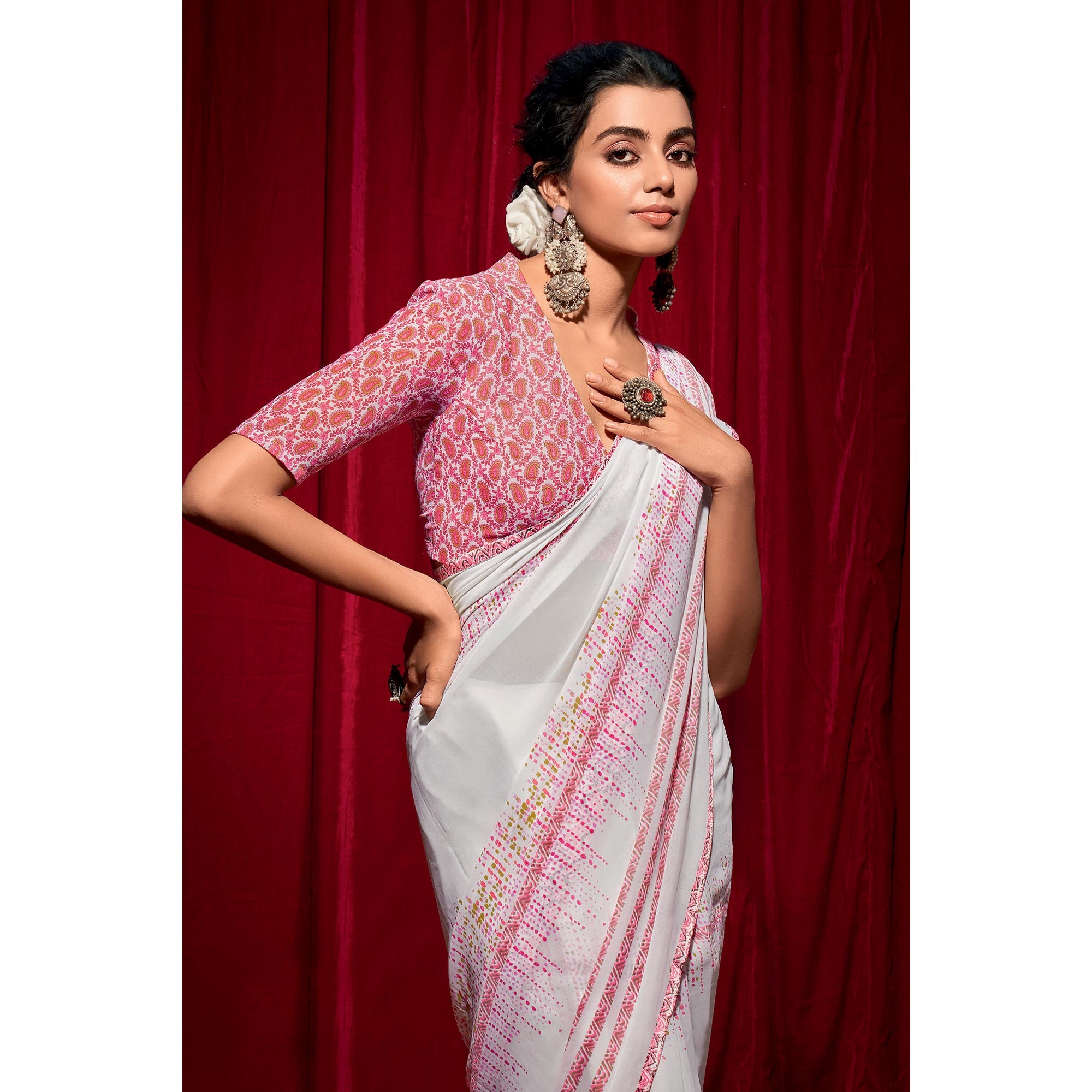 White Printed Georgette Saree