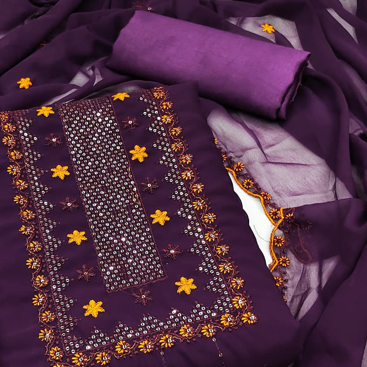 Purple Sequins Embroidered Georgette Dress Material