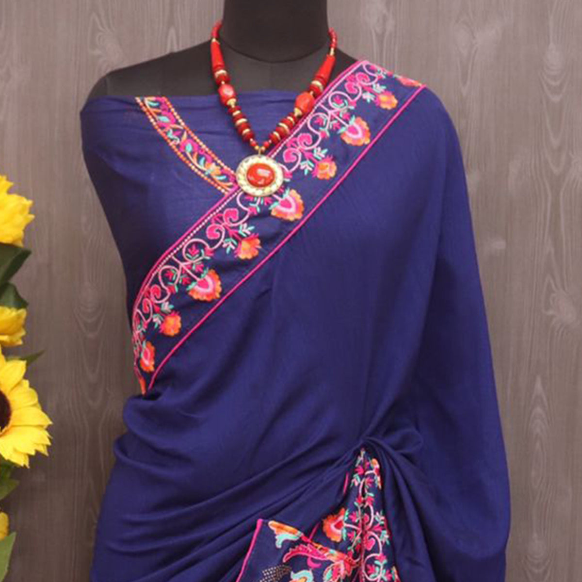 Blue Floral Embroidered Vichitra Silk Saree