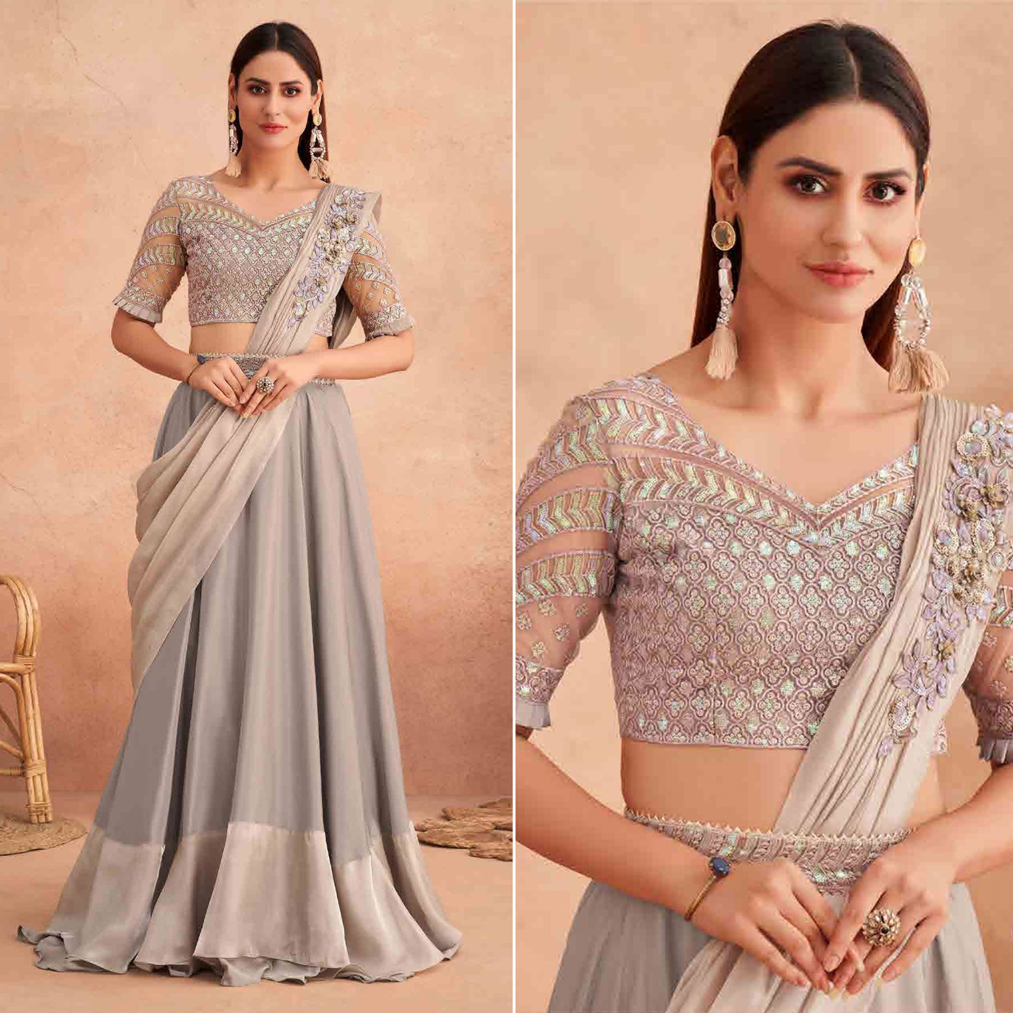 Light Grey Sequins Embroidered Ready to Wear Art Silk Saree