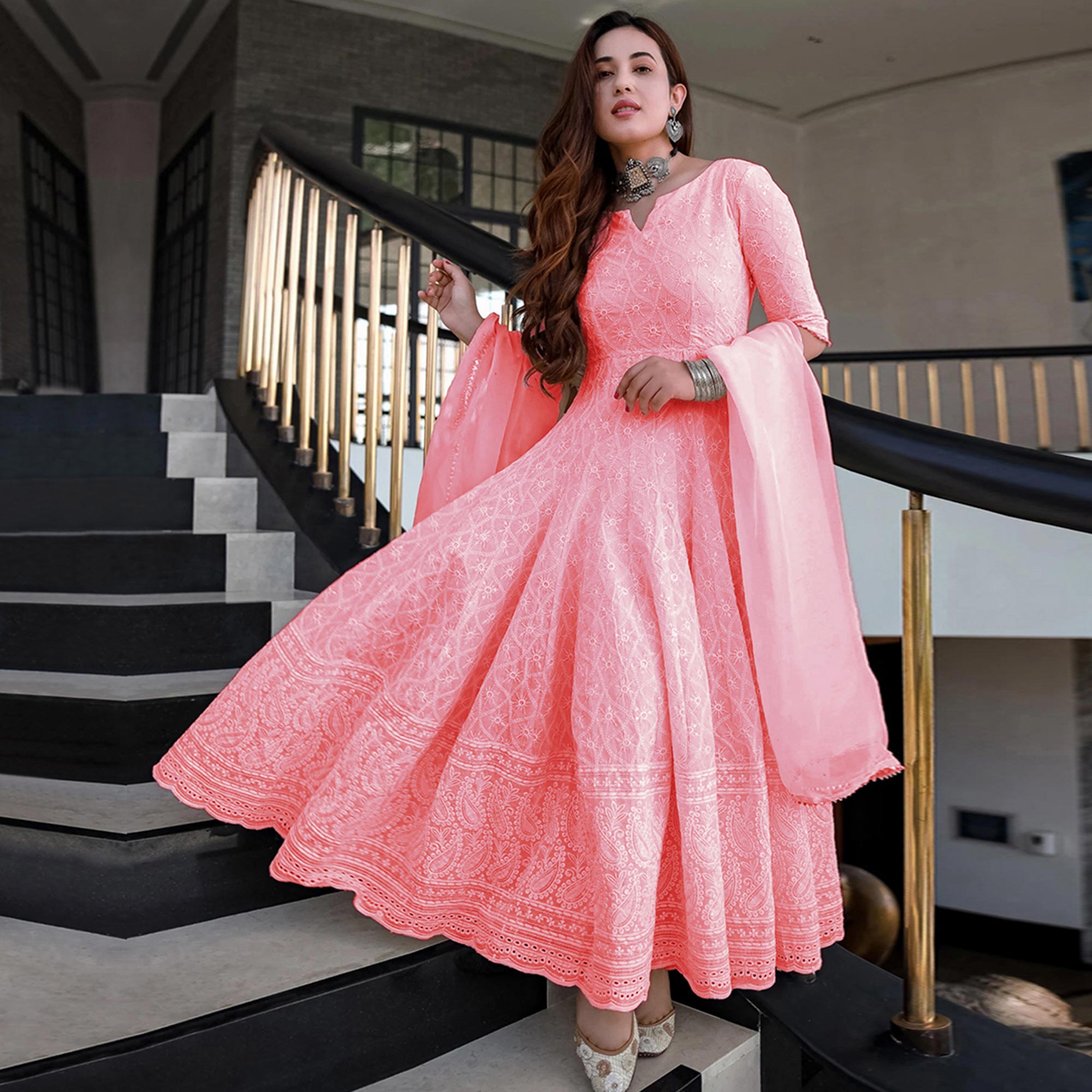 Pink Lucknowi Chikankari Work Rayon Gown